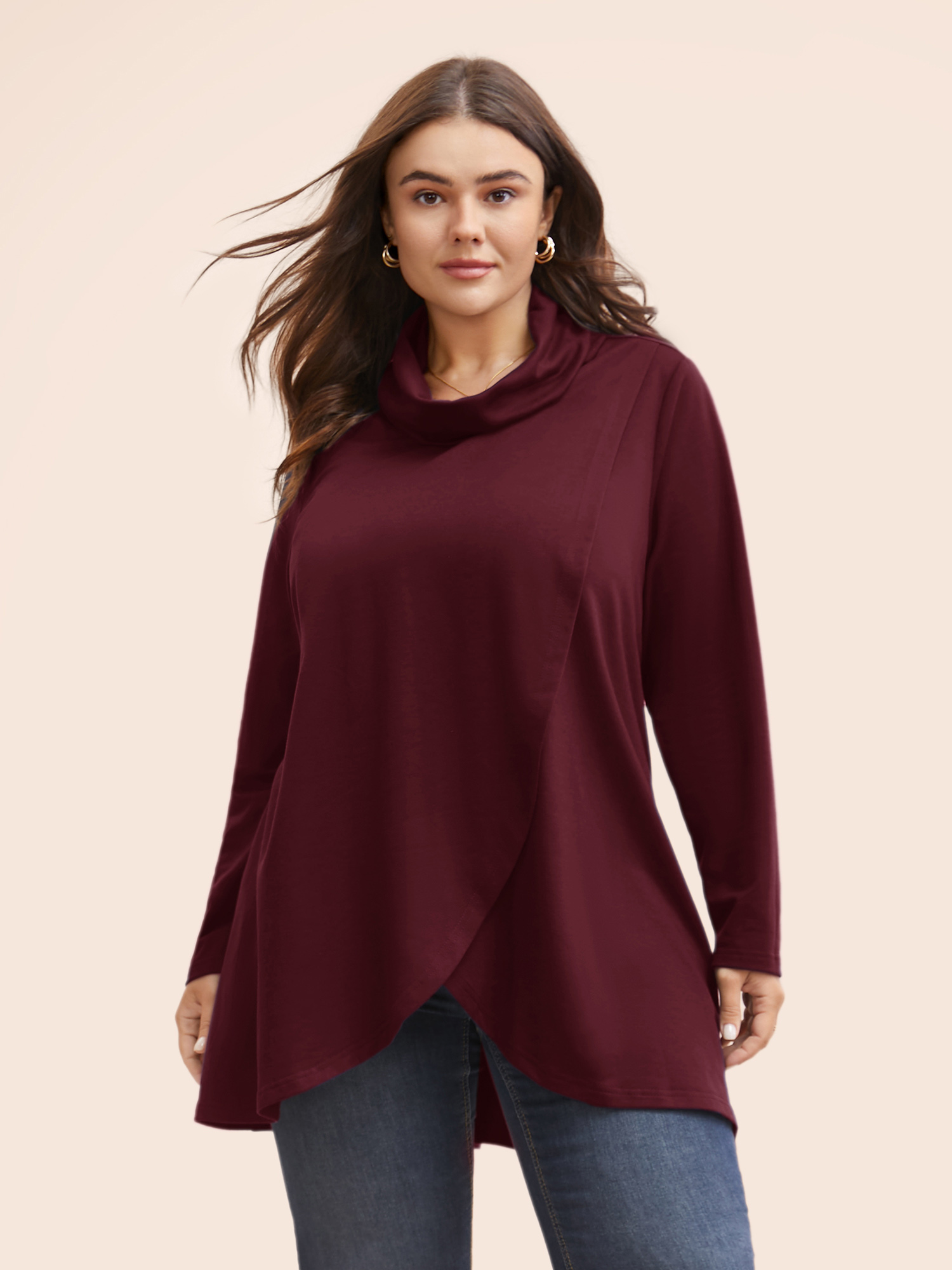 

Plus Size Plain Wrap Hem Turtleneck Sweatshirt Women Burgundy Elegant Wrap Turtleneck Dailywear Sweatshirts BloomChic