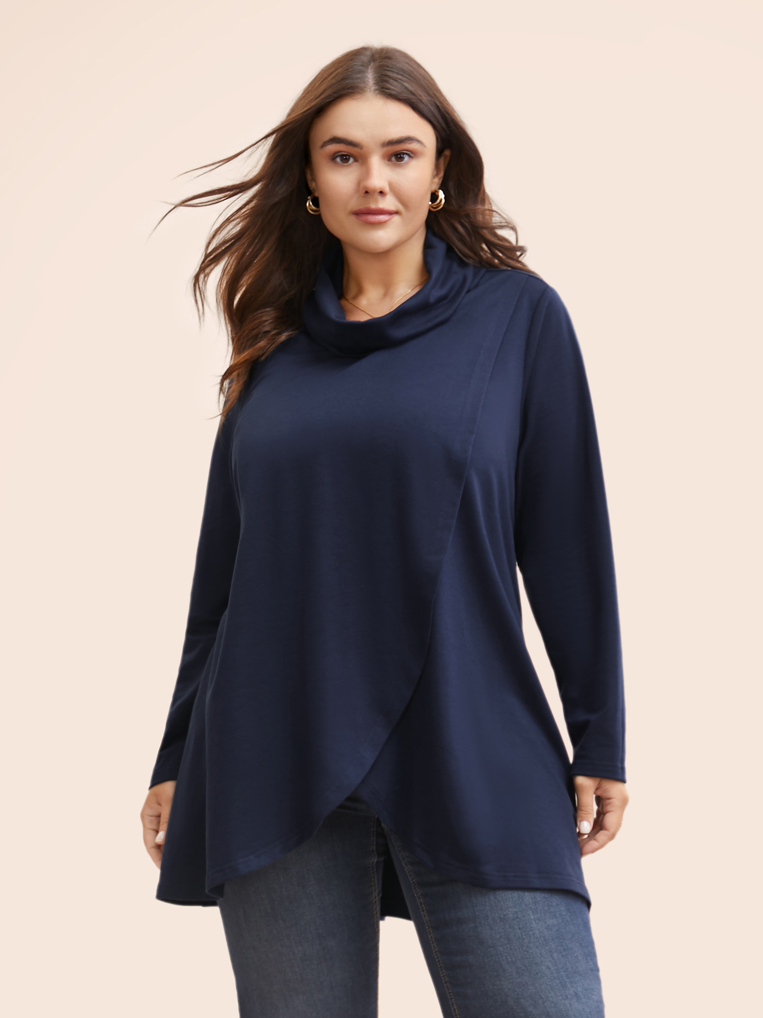 

Plus Size Plain Wrap Hem Turtleneck Sweatshirt Women DarkBlue Elegant Wrap Turtleneck Dailywear Sweatshirts BloomChic