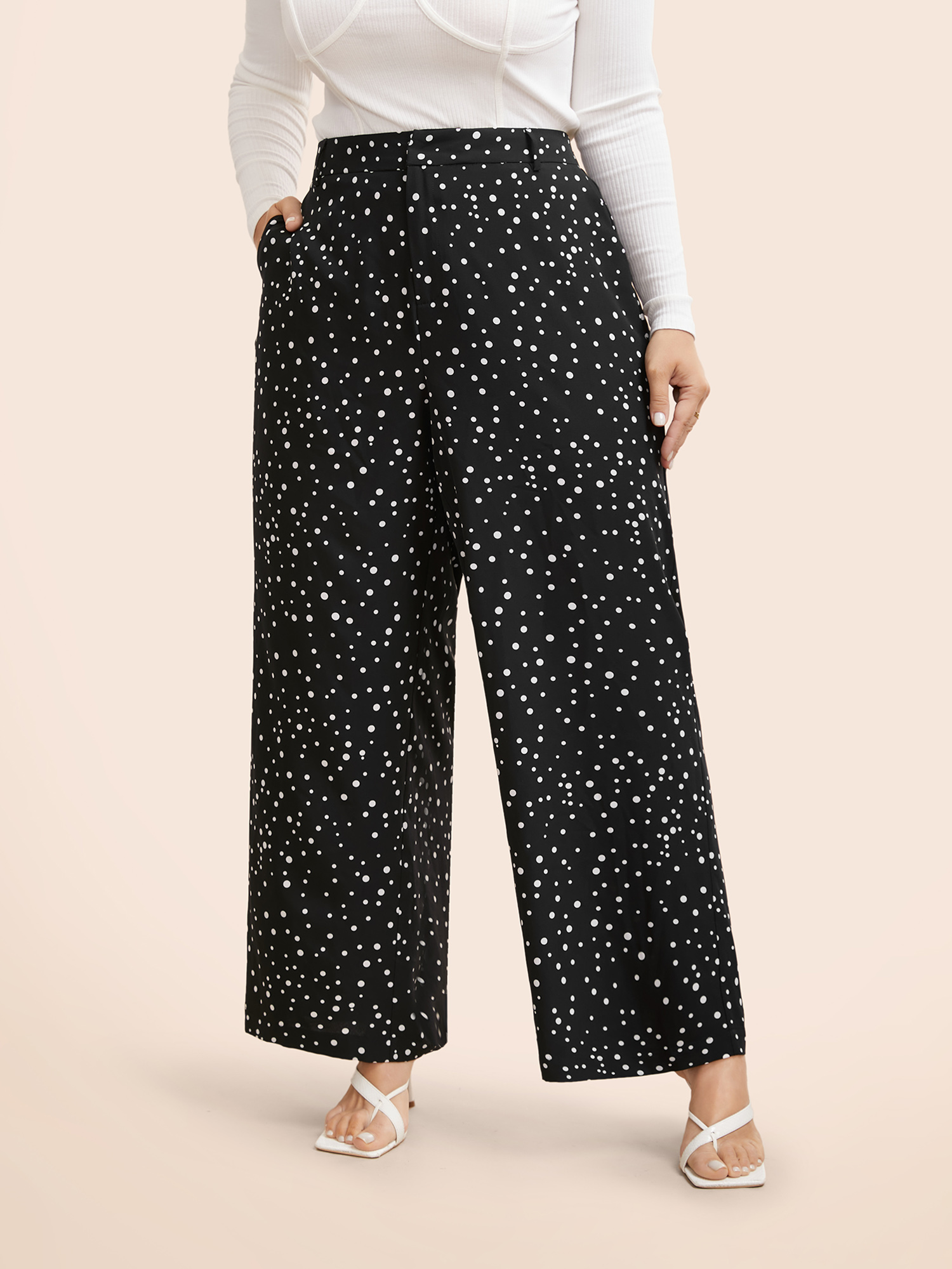 

Plus Size Polka Dot Mid Rise Wide Leg Pants Women Black Elegant Wide Leg Mid Rise Everyday Pants BloomChic