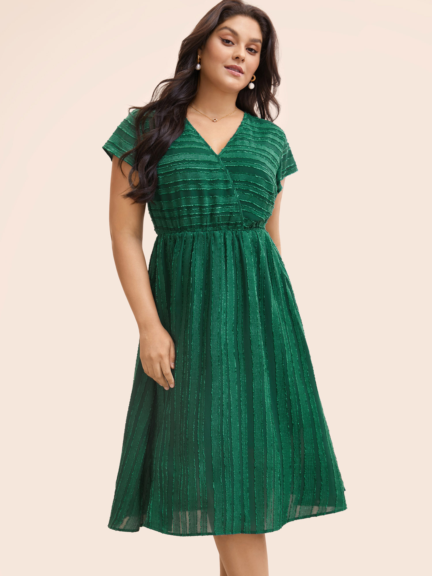 

Plus Size Overlap Collar Plain Textured Midi Dress DarkGreen Women Elegant Texture Overlap Collar Cap Sleeve Curvy BloomChic