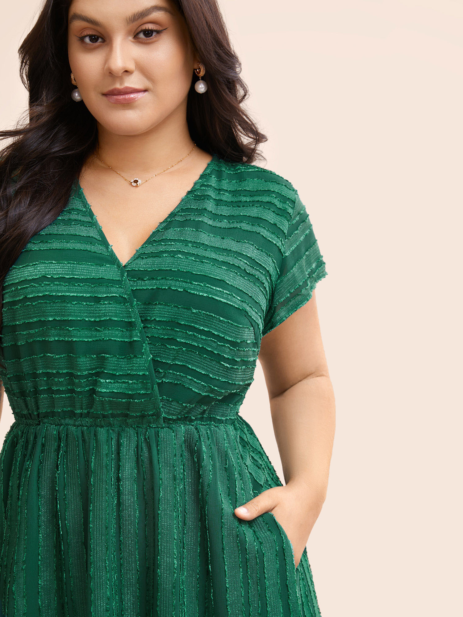 

Plus Size Overlap Collar Plain Textured Midi Dress DarkGreen Women Elegant Texture Overlap Collar Cap Sleeve Curvy BloomChic