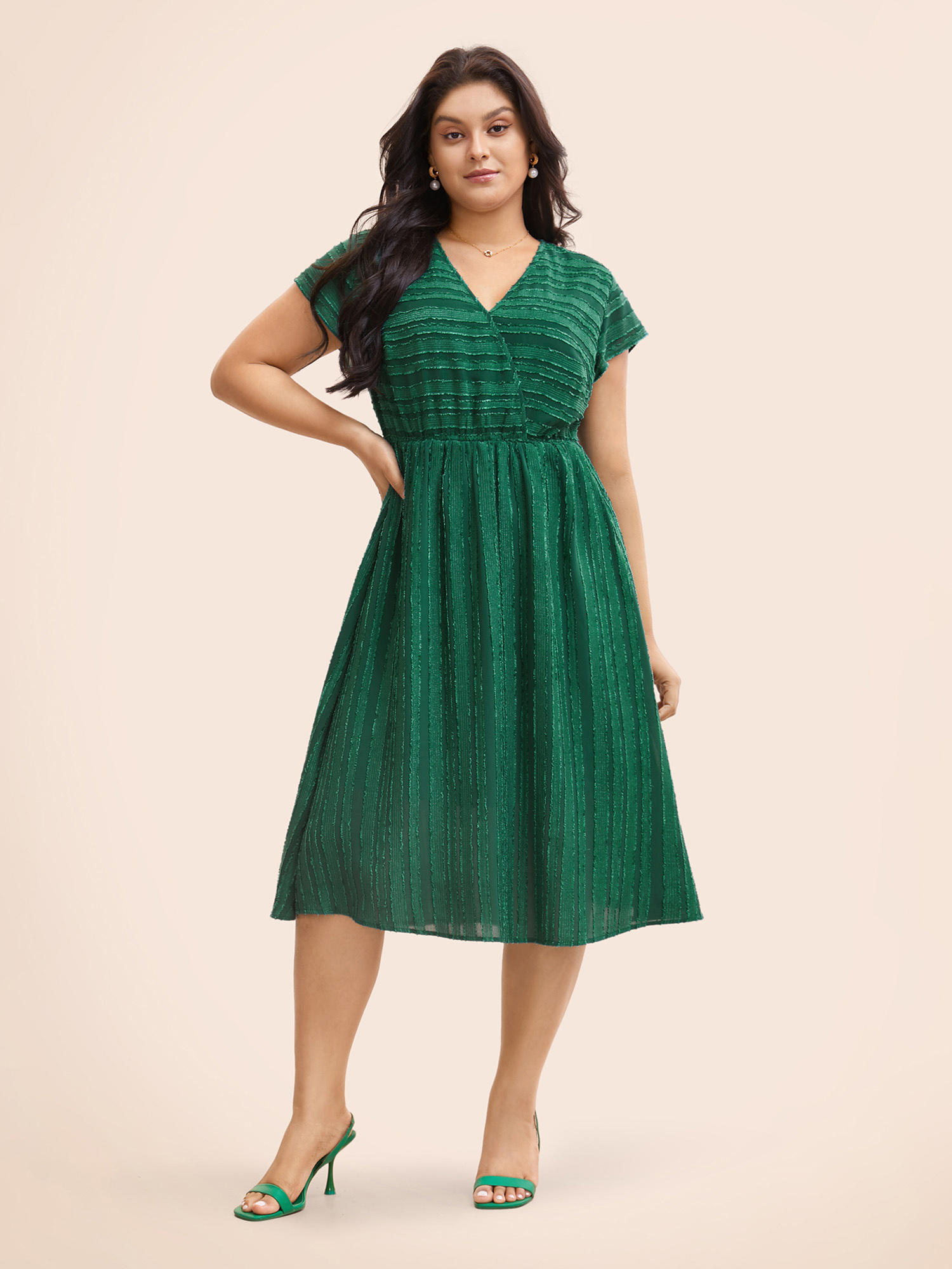 Plus Size Overlap Collar Plain Textured Midi Dress DarkGreen Women Elegant Texture Overlap Collar Cap Sleeve Curvy BloomChic 10/M 