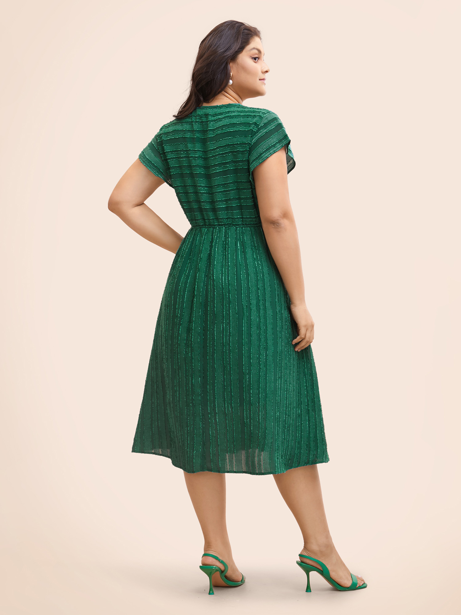 Plus Size Overlap Collar Plain Textured Midi Dress DarkGreen Women Elegant Texture Overlap Collar Cap Sleeve Curvy BloomChic 10/M 