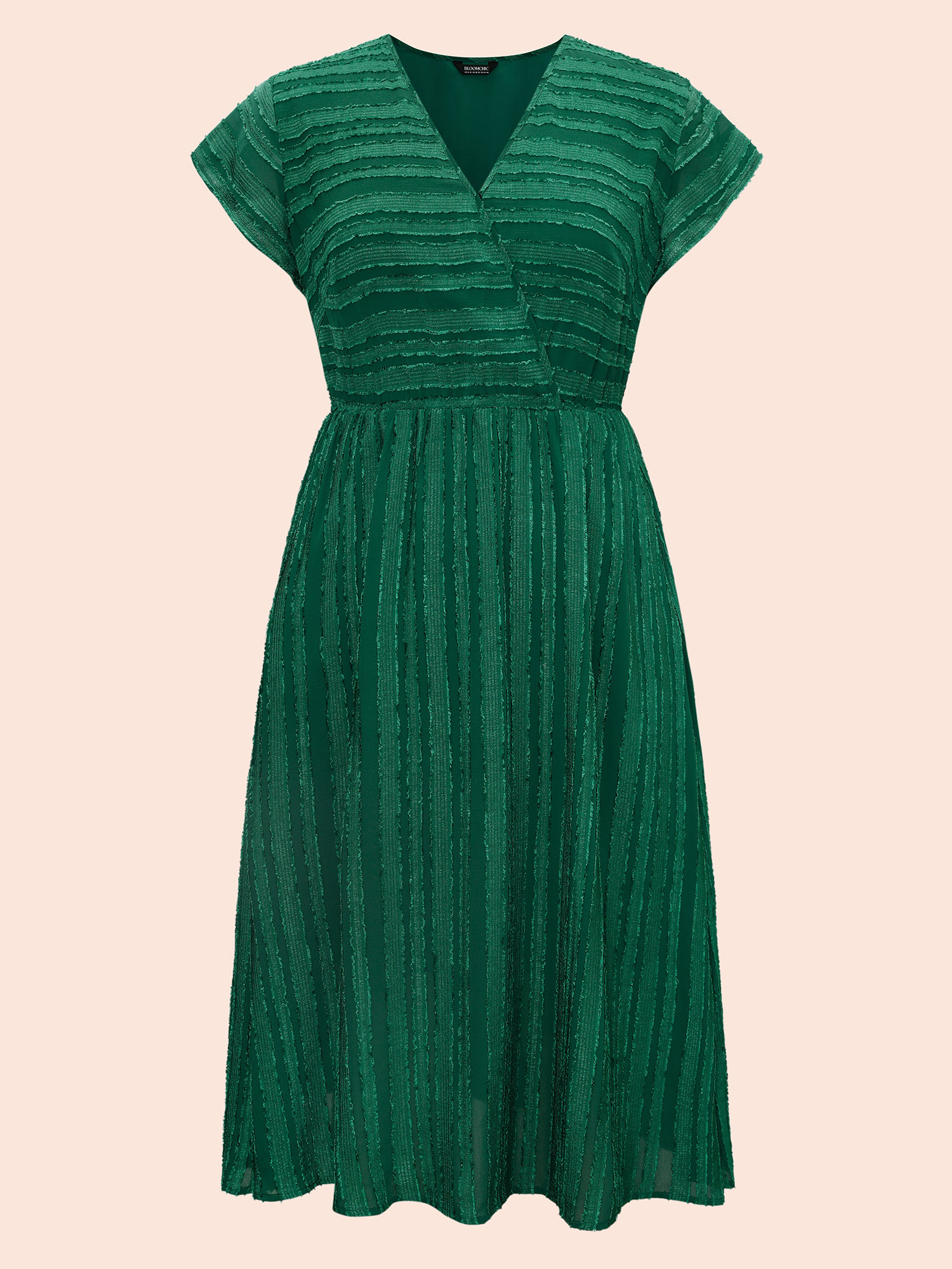 Plus Size Overlap Collar Plain Textured Midi Dress DarkGreen Women Elegant Texture Overlap Collar Cap Sleeve Curvy BloomChic 10/M 