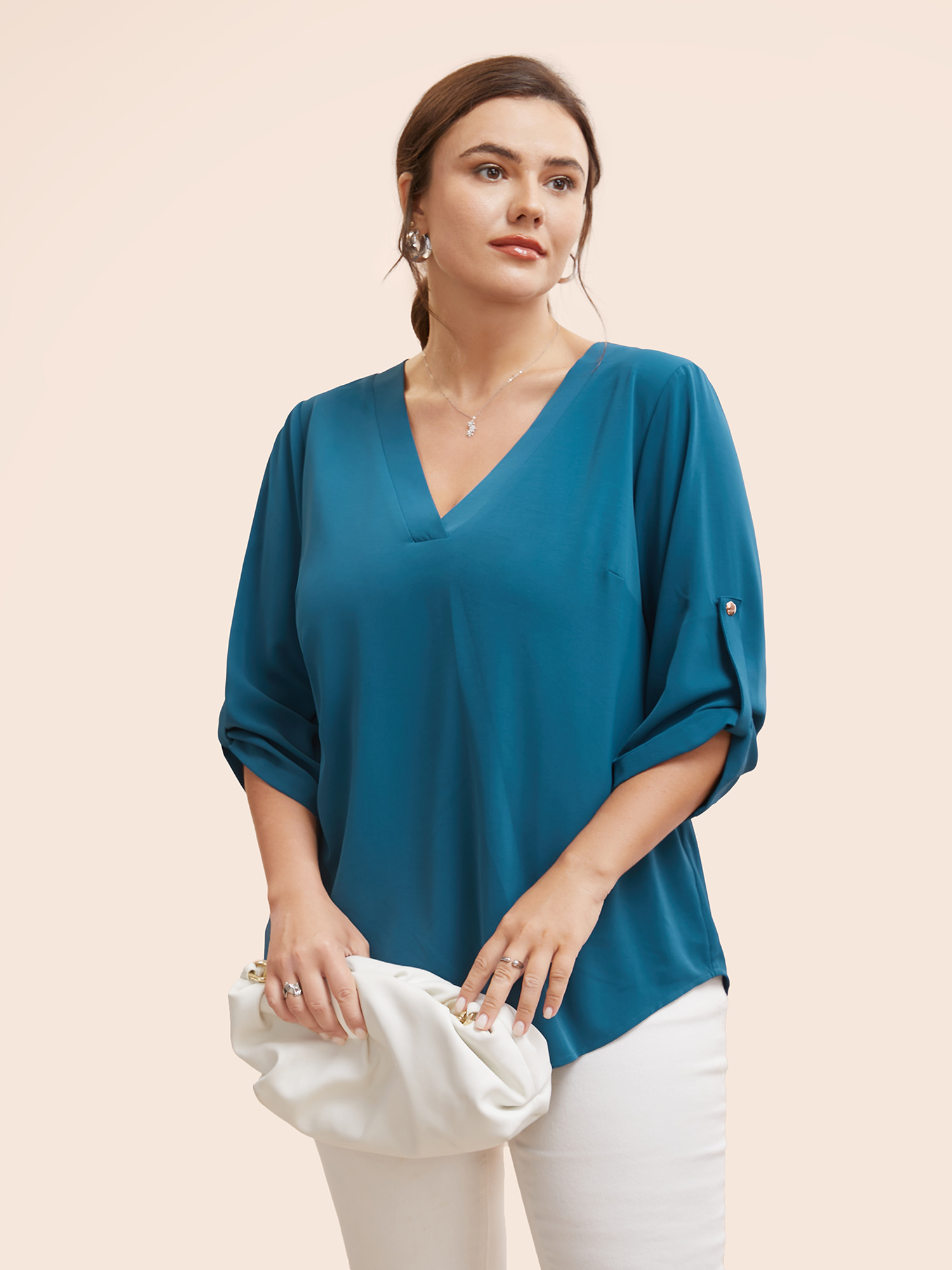 

Plus Size Aegean Solid Cuffed Sleeve Gathered Curved Hem Blouse Women Office Elbow-length sleeve V-neck Work Blouses BloomChic