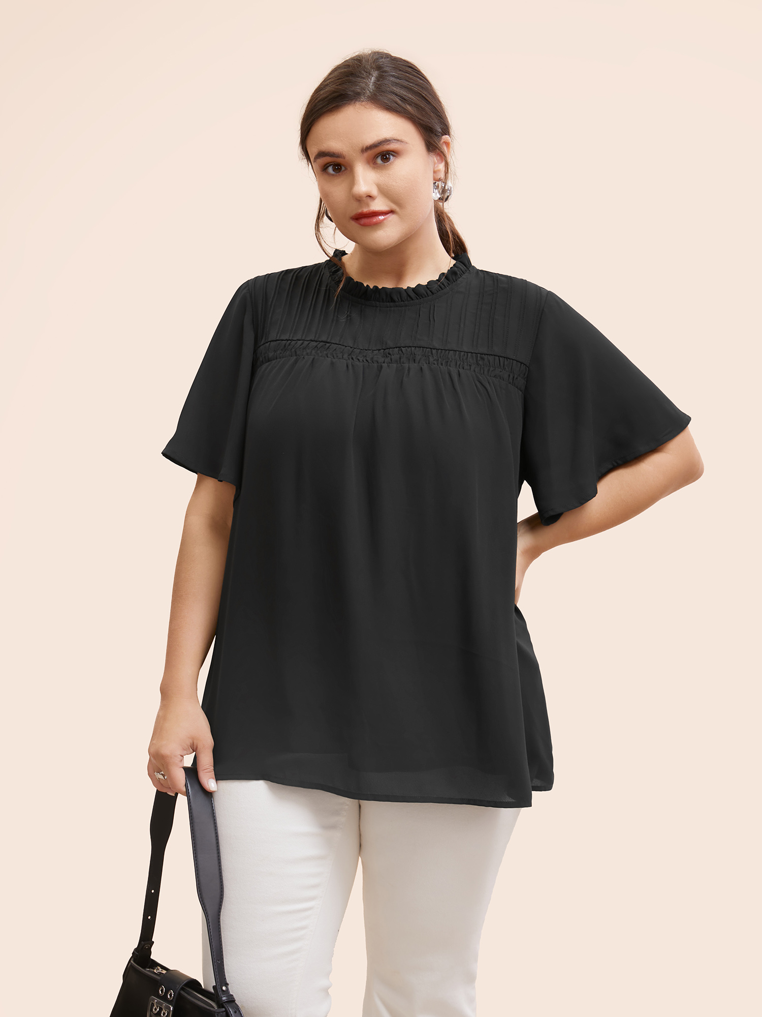 

Plus Size Black Anti-Wrinkle Shirred Ruffle Sleeve Mesh Frill Trim Blouse Women Office Short sleeve Stand-up collar Work Blouses BloomChic