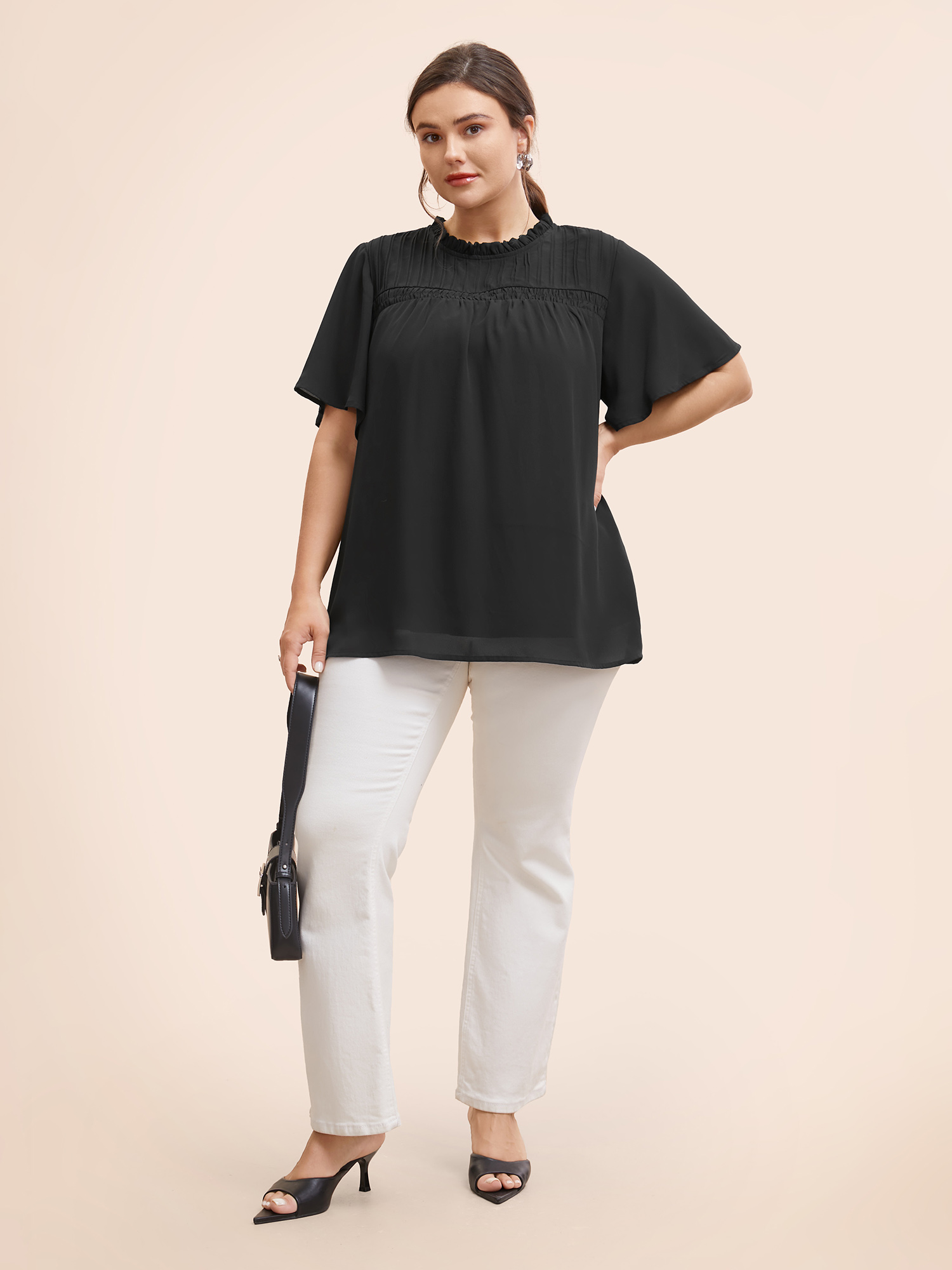 

Plus Size Black Anti-Wrinkle Shirred Ruffle Sleeve Mesh Frill Trim Blouse Women Office Short sleeve Stand-up collar Work Blouses BloomChic