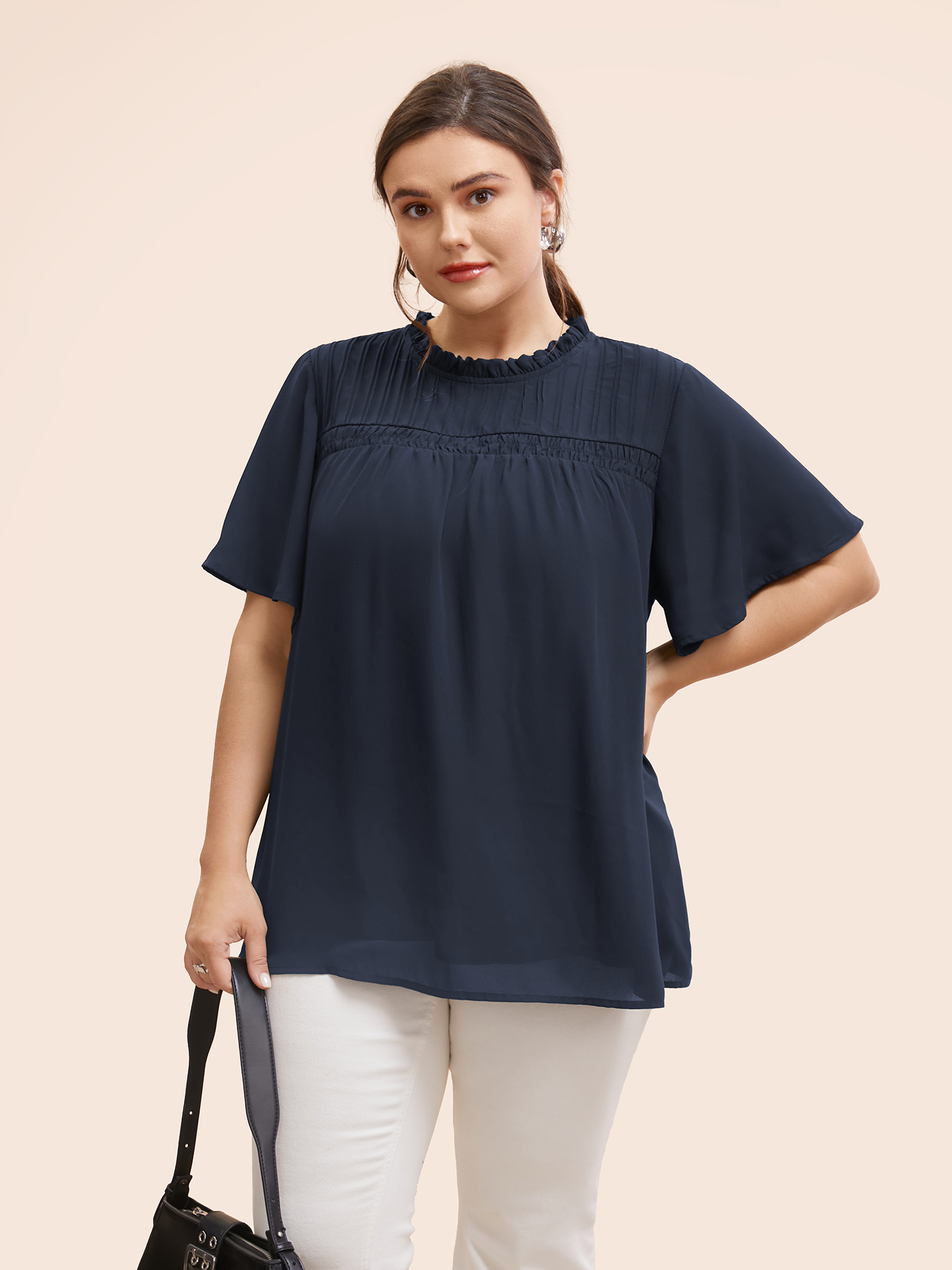 

Plus Size Indigo Anti-Wrinkle Shirred Ruffle Sleeve Mesh Frill Trim Blouse Women Office Short sleeve Stand-up collar Work Blouses BloomChic