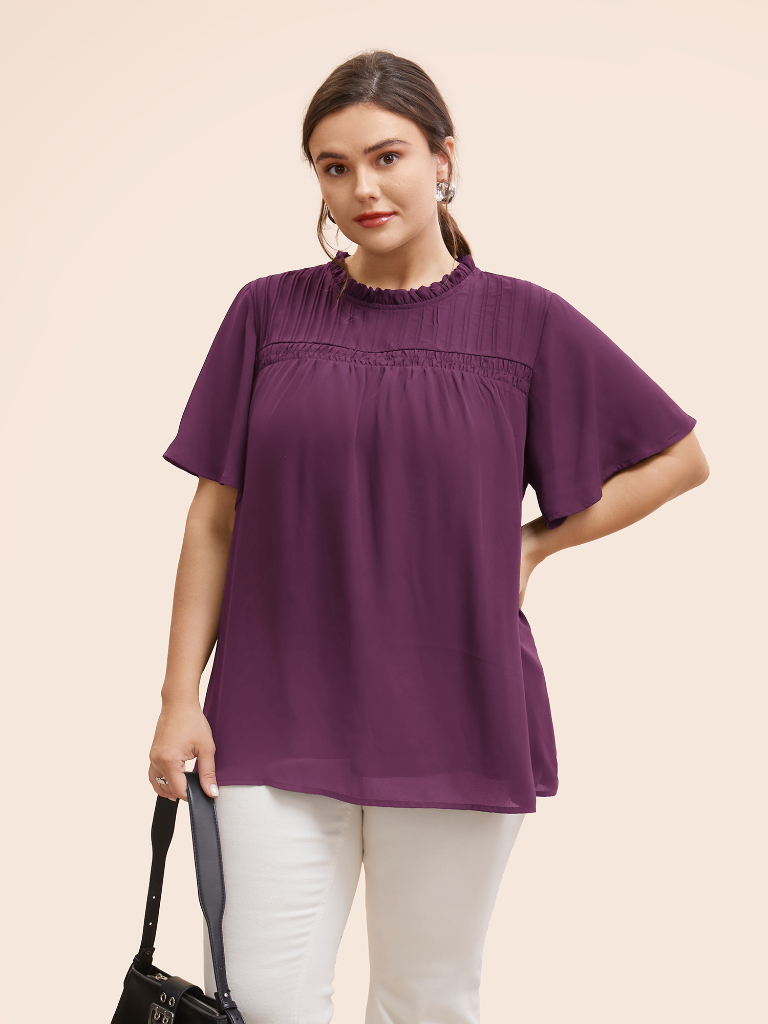 

Plus Size Purple Anti-Wrinkle Shirred Ruffle Sleeve Mesh Frill Trim Blouse Women Office Short sleeve Stand-up collar Work Blouses BloomChic