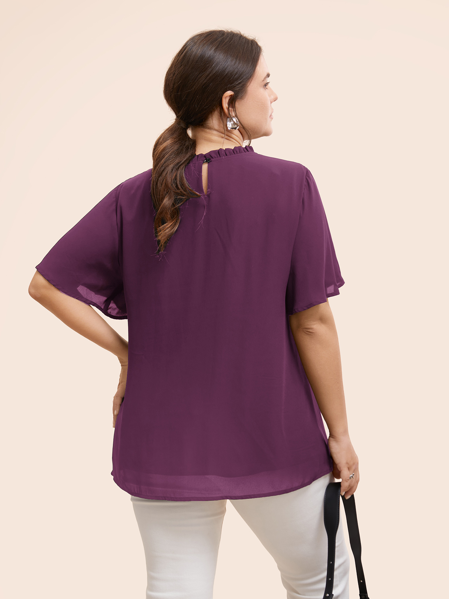 

Plus Size Purple Anti-Wrinkle Shirred Ruffle Sleeve Mesh Frill Trim Blouse Women Office Short sleeve Stand-up collar Work Blouses BloomChic