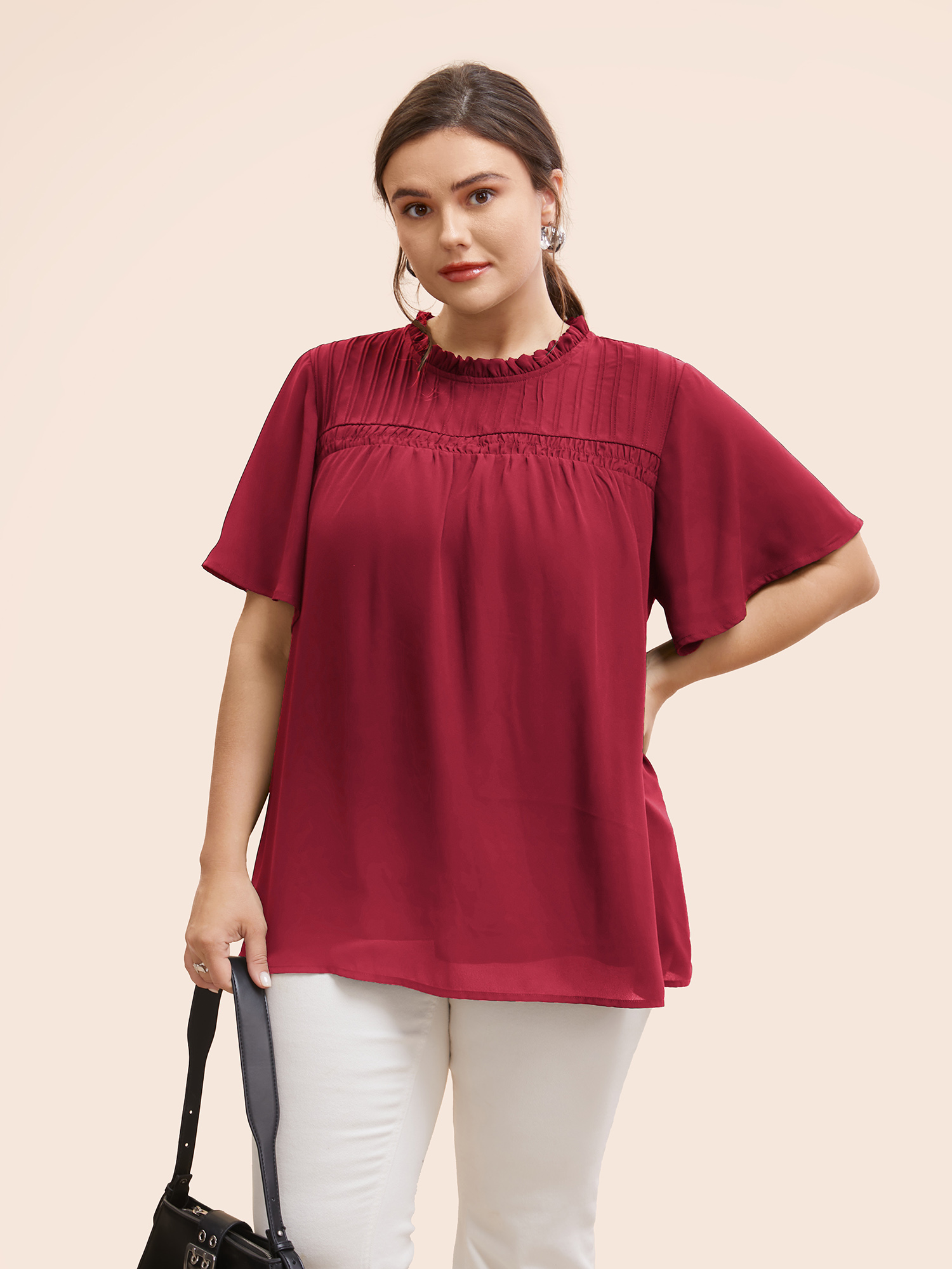 

Plus Size Scarlet Anti-Wrinkle Shirred Ruffle Sleeve Mesh Frill Trim Blouse Women Office Short sleeve Stand-up collar Work Blouses BloomChic