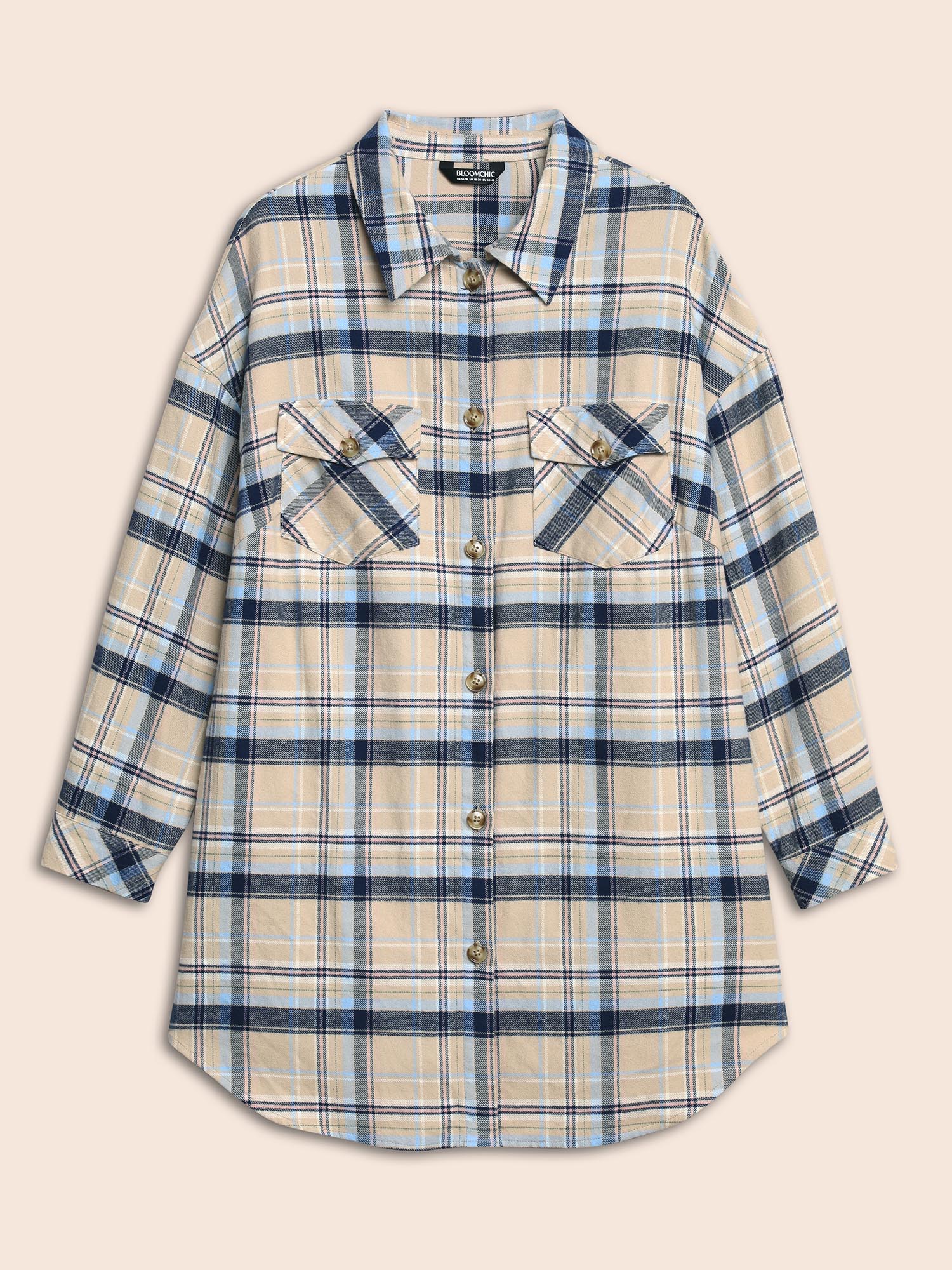 

Plus Size Cotton Shirt Collar Plaid Patched Pocket Jacket Women Indigo Button Patch pocket Everyday Jackets BloomChic