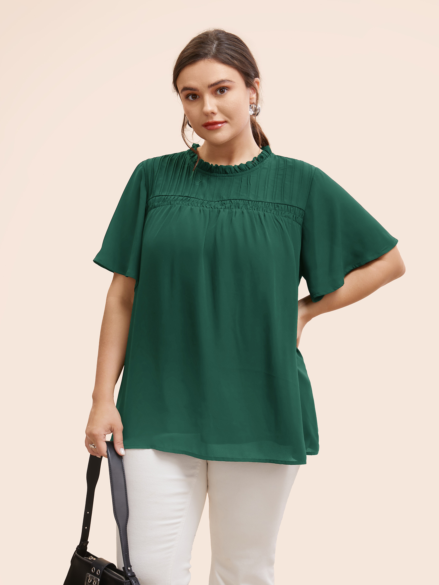 

Plus Size DarkGreen Anti-Wrinkle Shirred Ruffle Sleeve Mesh Frill Trim Blouse Women Office Short sleeve Stand-up collar Work Blouses BloomChic