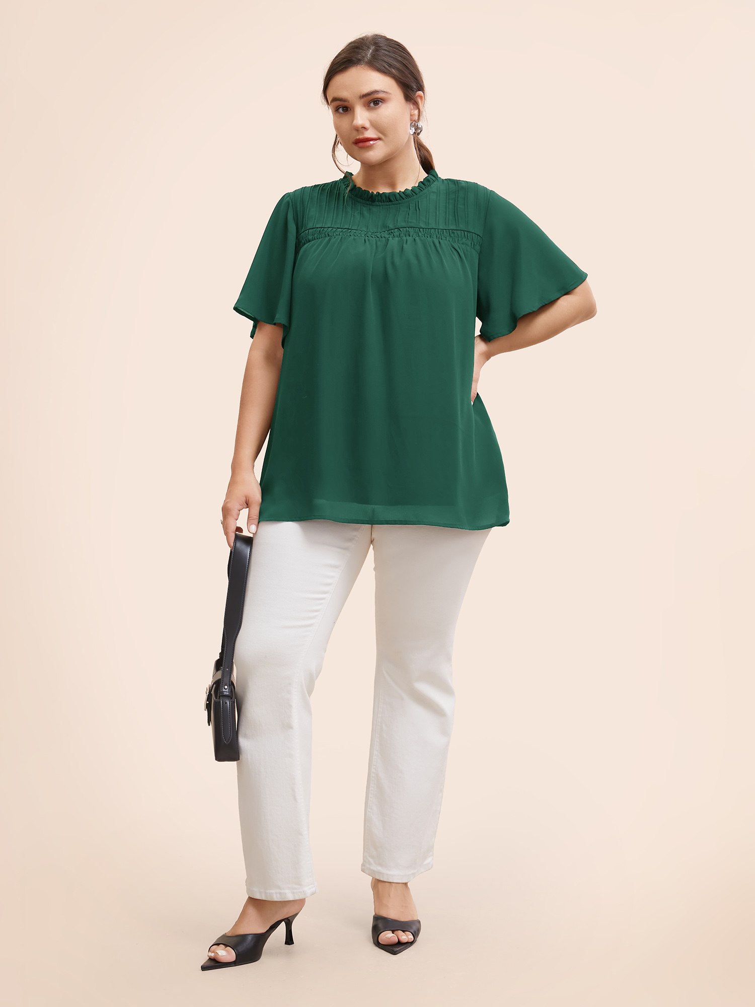 

Plus Size DarkGreen Anti-Wrinkle Shirred Ruffle Sleeve Mesh Frill Trim Blouse Women Office Short sleeve Stand-up collar Work Blouses BloomChic