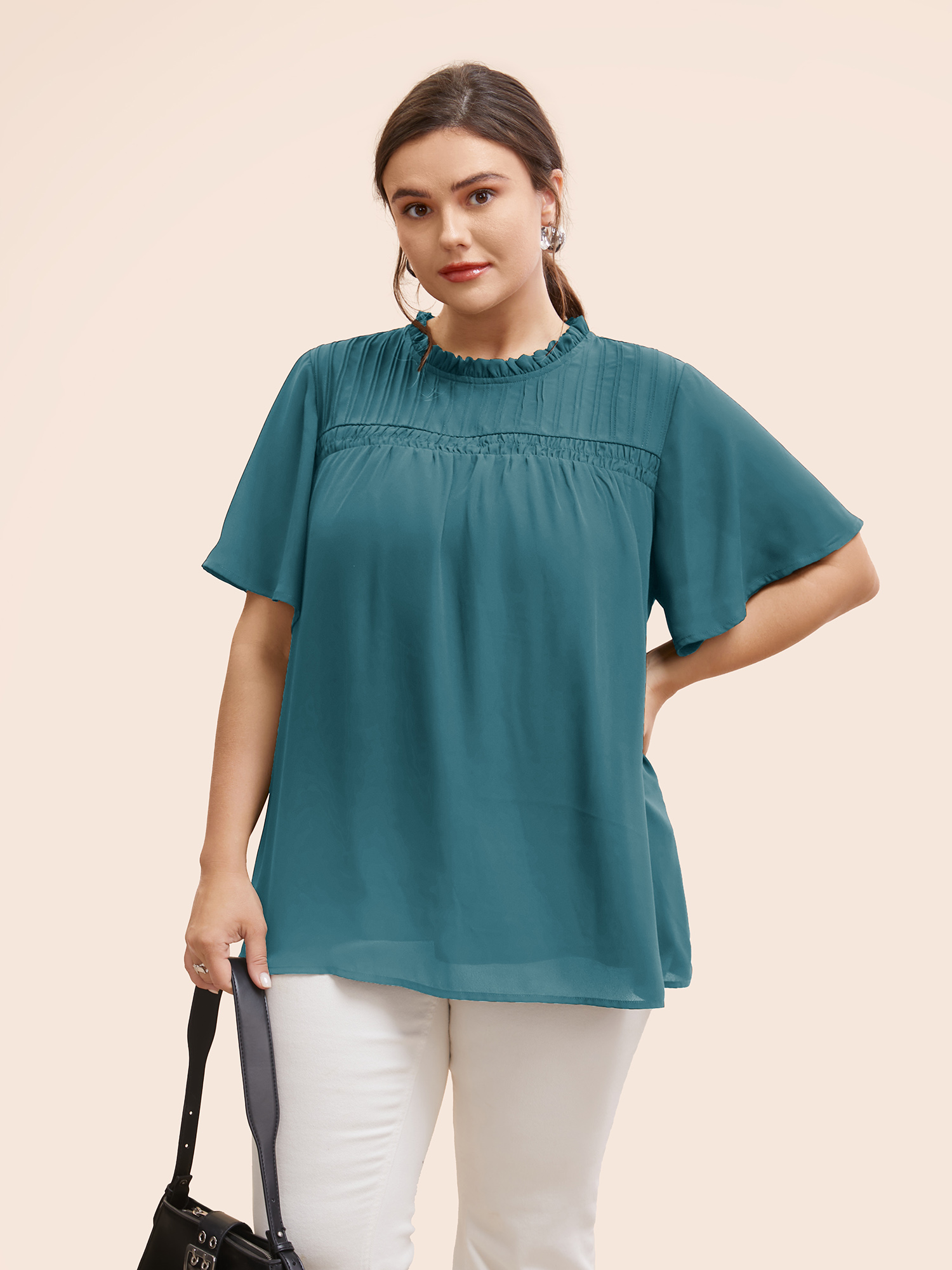 

Plus Size Aegean Anti-Wrinkle Shirred Ruffle Sleeve Mesh Frill Trim Blouse Women Office Short sleeve Stand-up collar Work Blouses BloomChic