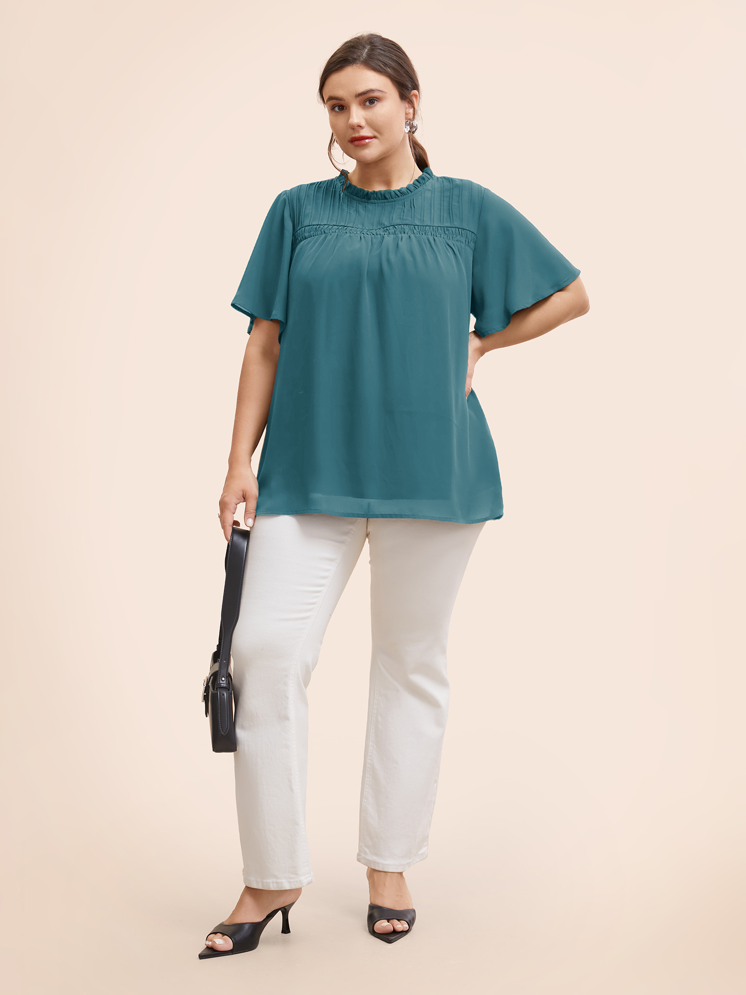 Plus Size Aegean Anti-Wrinkle Shirred Ruffle Sleeve Mesh Frill Trim Blouse Women Office Short sleeve Stand-up collar Work Blouses BloomChic 14-16/1X 