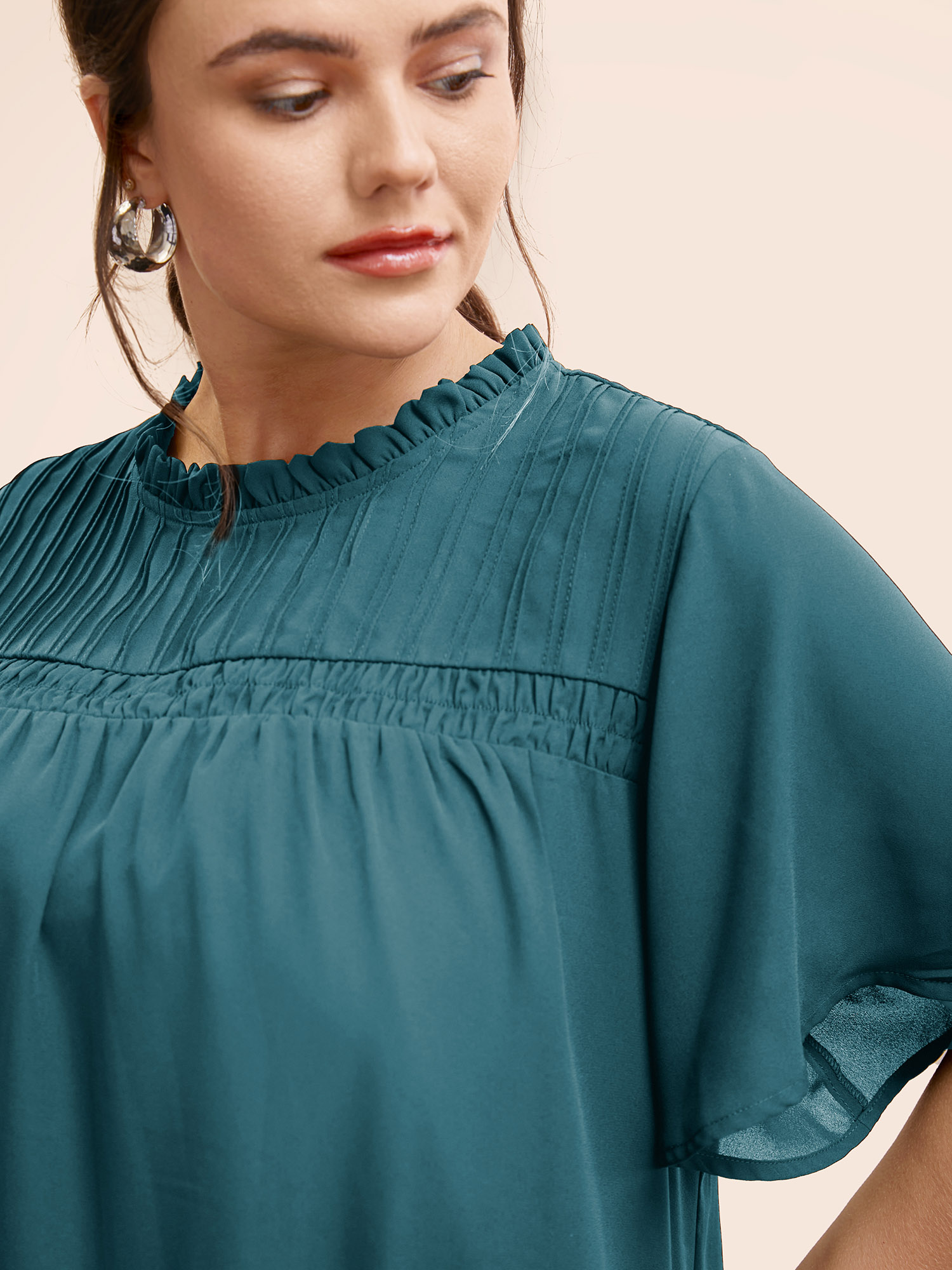 

Plus Size Aegean Anti-Wrinkle Shirred Ruffle Sleeve Mesh Frill Trim Blouse Women Office Short sleeve Stand-up collar Work Blouses BloomChic