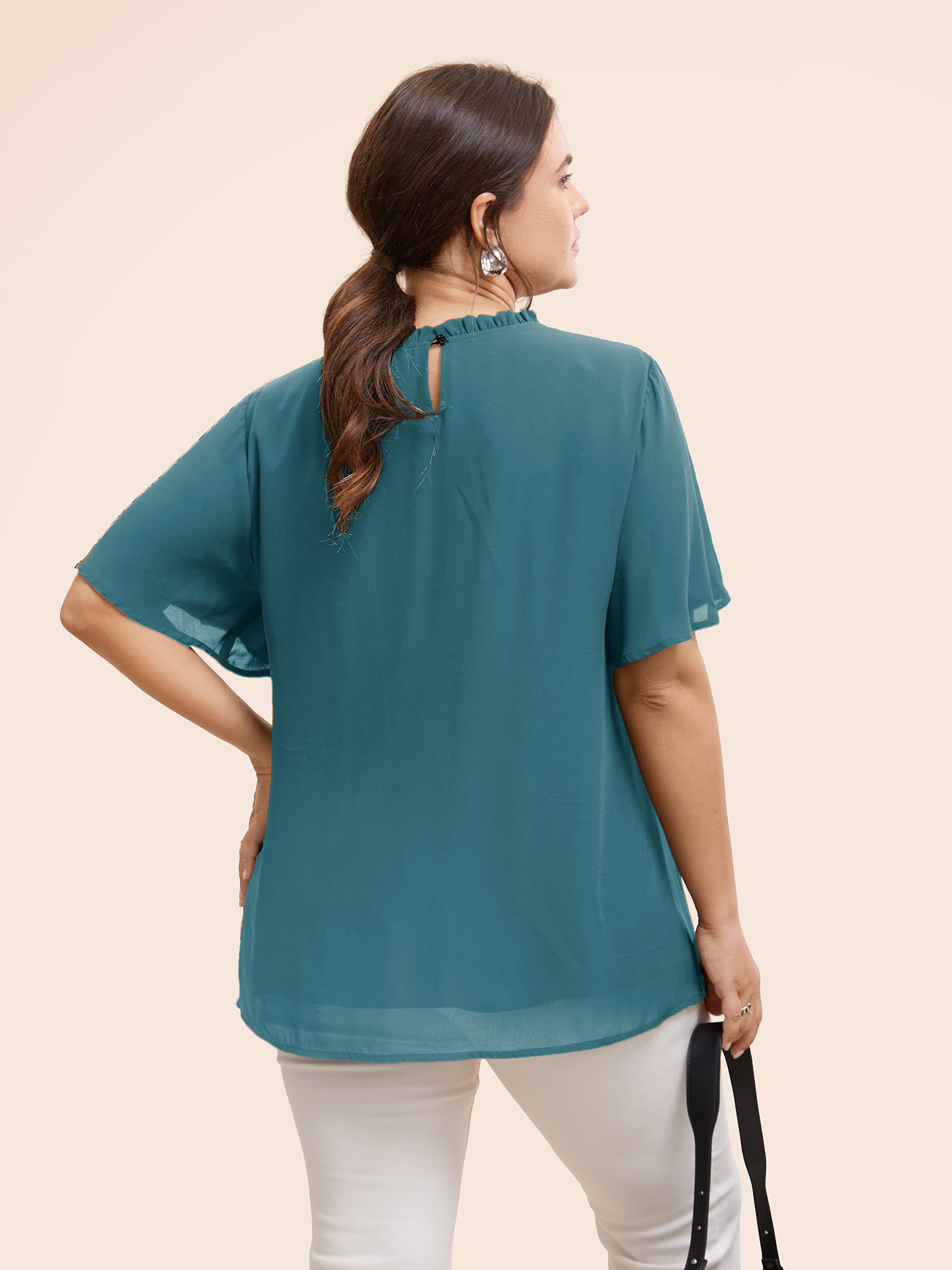 Plus Size Aegean Anti-Wrinkle Shirred Ruffle Sleeve Mesh Frill Trim Blouse Women Office Short sleeve Stand-up collar Work Blouses BloomChic 14-16/1X 