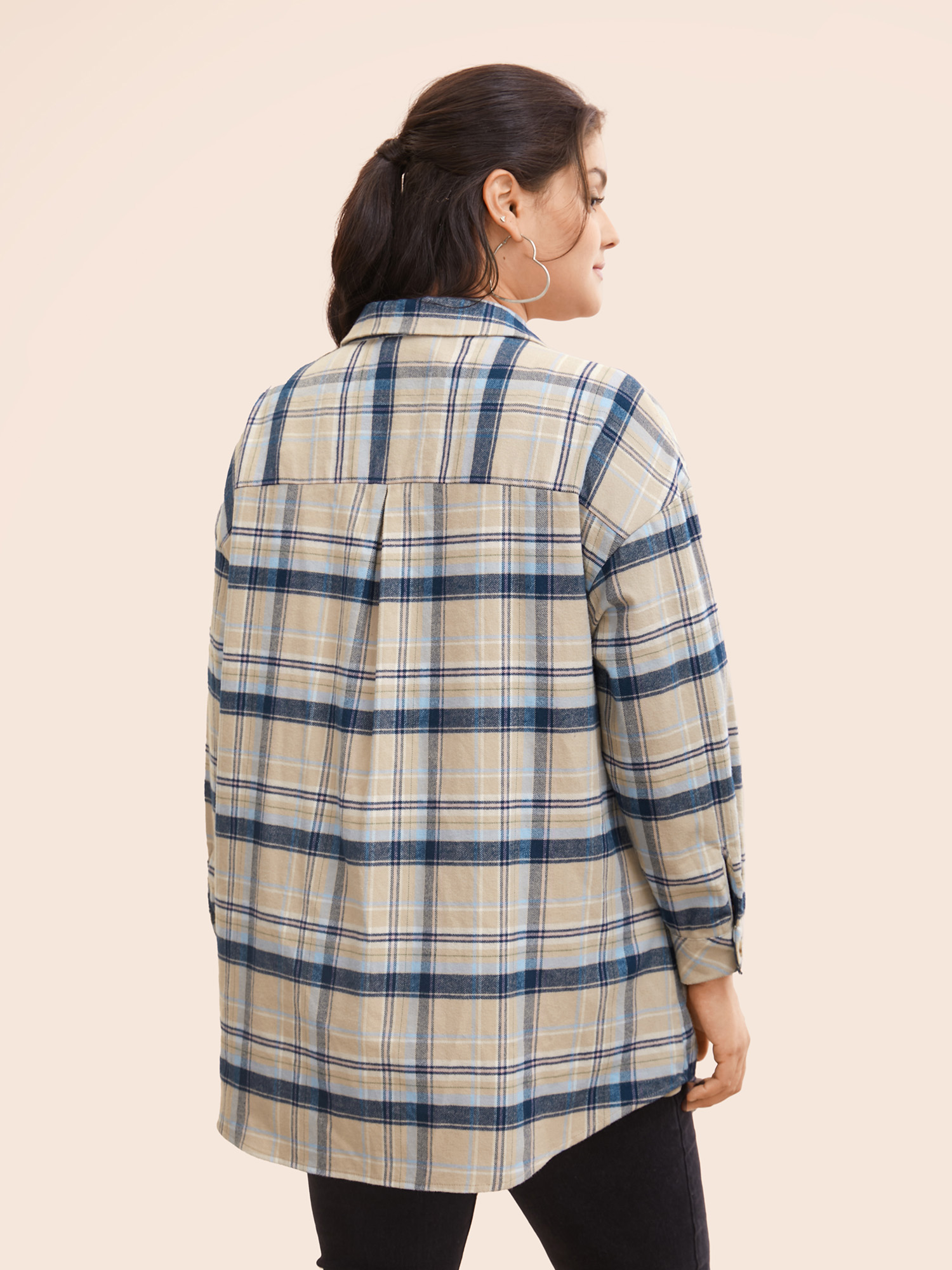 

Plus Size Cotton Shirt Collar Plaid Patched Pocket Jacket Women Indigo Button Patch pocket Everyday Jackets BloomChic