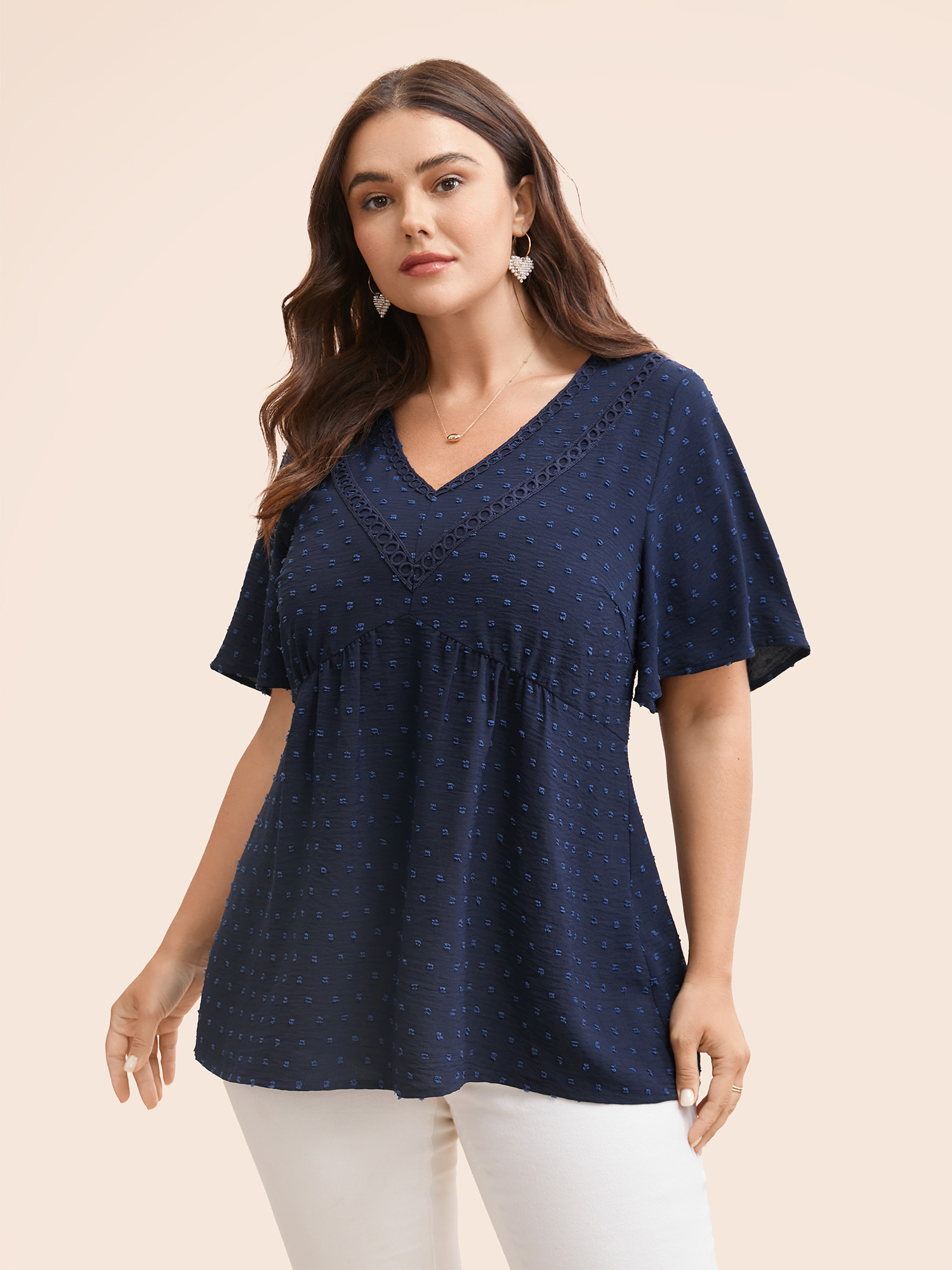 

Plus Size Indigo Polka Dot Frill Trim V Neck Flutter Blouse Women Elegant Short sleeve V-neck Work Blouses BloomChic