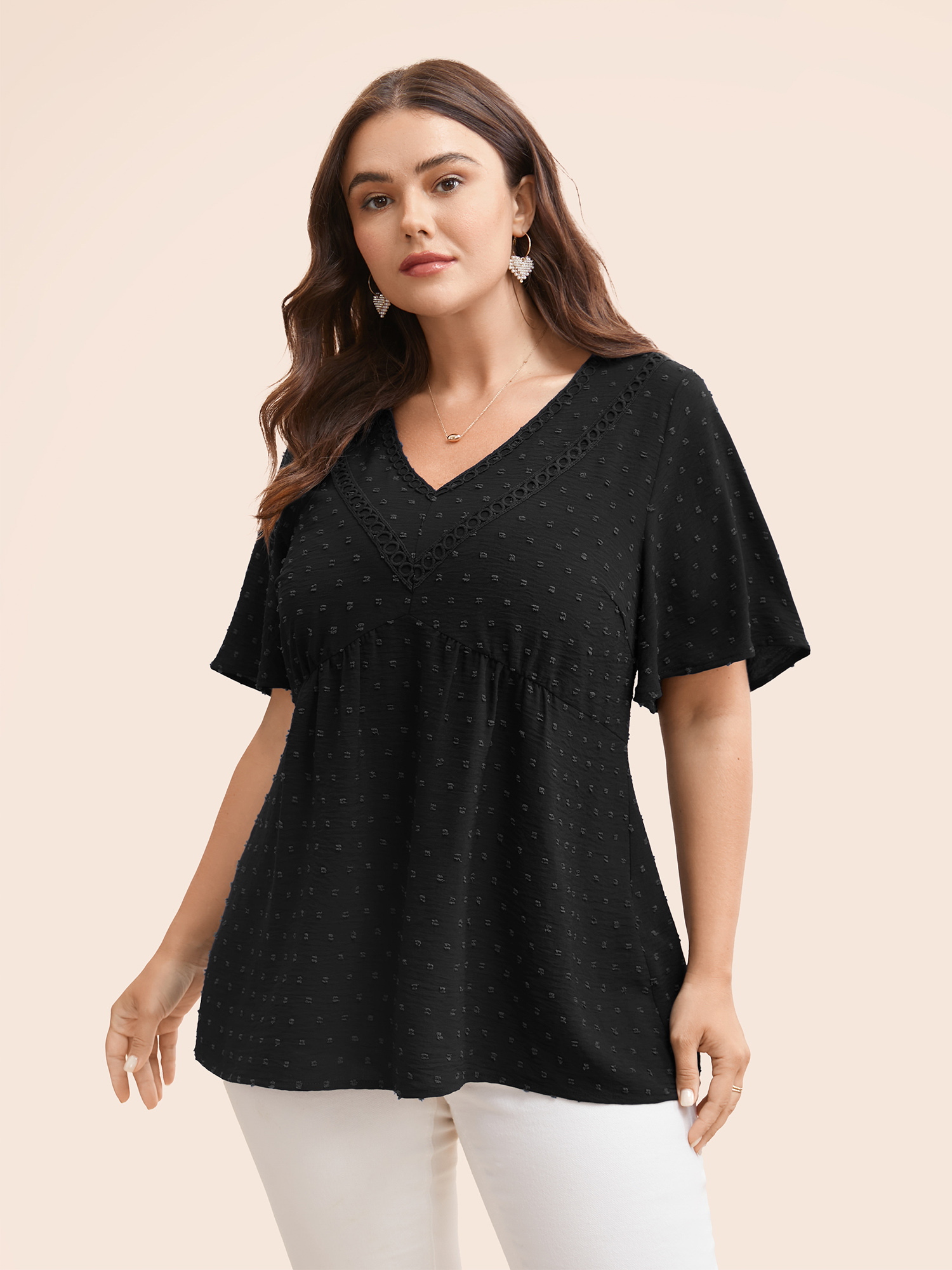 

Plus Size Black Polka Dot Frill Trim V Neck Flutter Blouse Women Elegant Short sleeve V-neck Work Blouses BloomChic