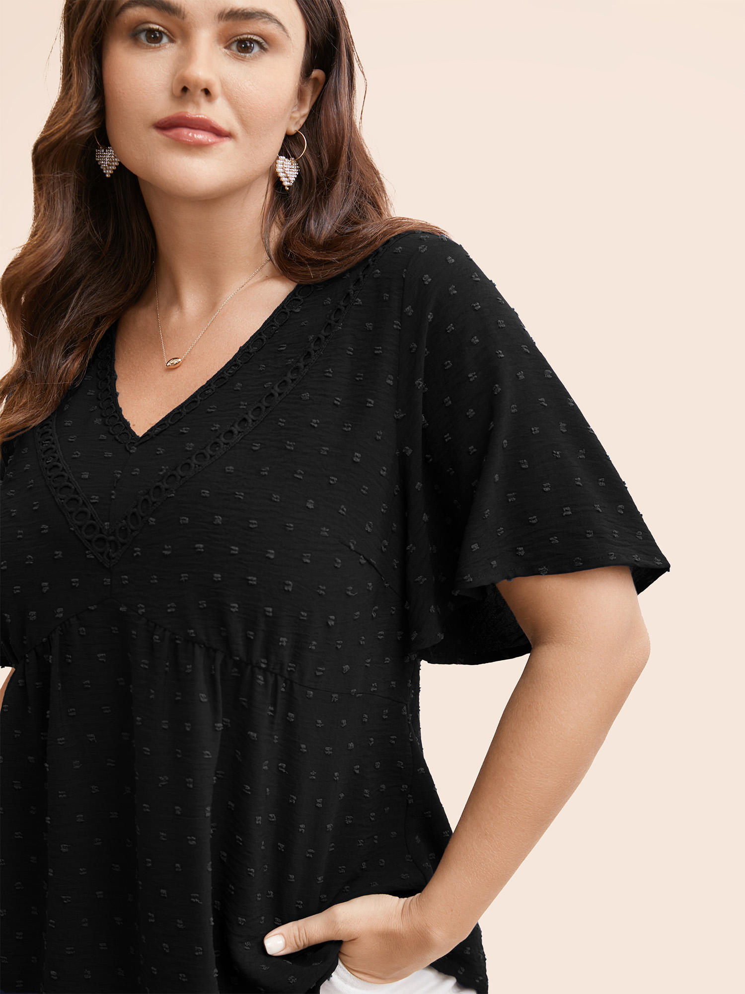 

Plus Size Black Polka Dot Frill Trim V Neck Flutter Blouse Women Elegant Short sleeve V-neck Work Blouses BloomChic