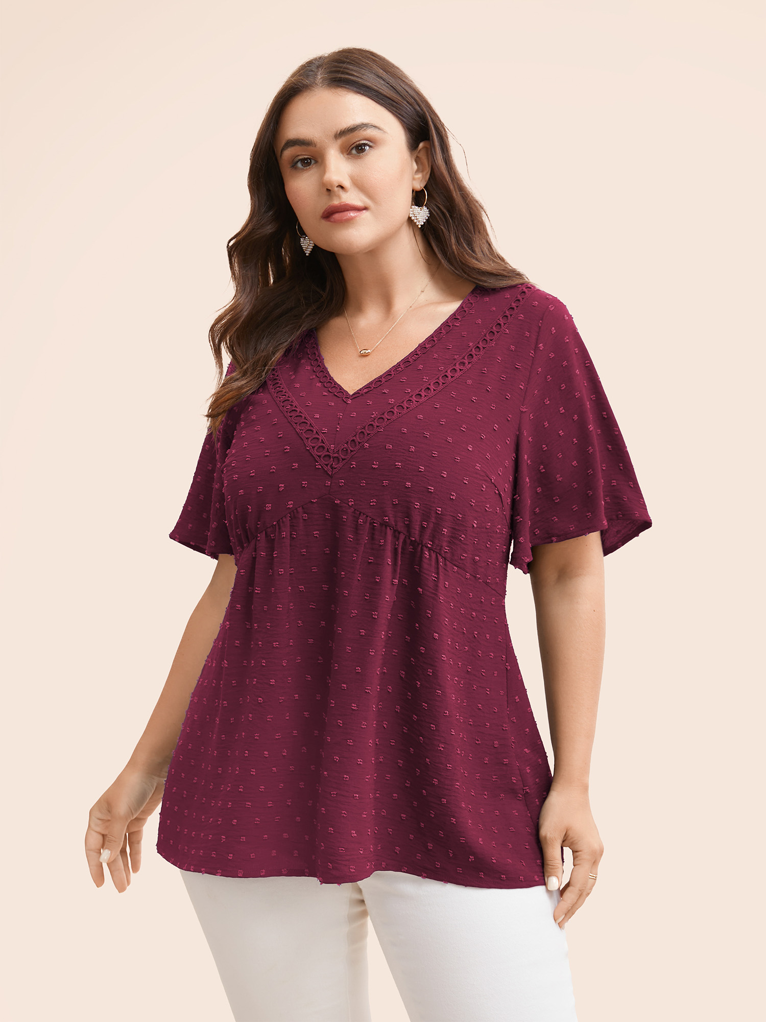 

Plus Size Burgundy Polka Dot Frill Trim V Neck Flutter Blouse Women Elegant Short sleeve V-neck Work Blouses BloomChic