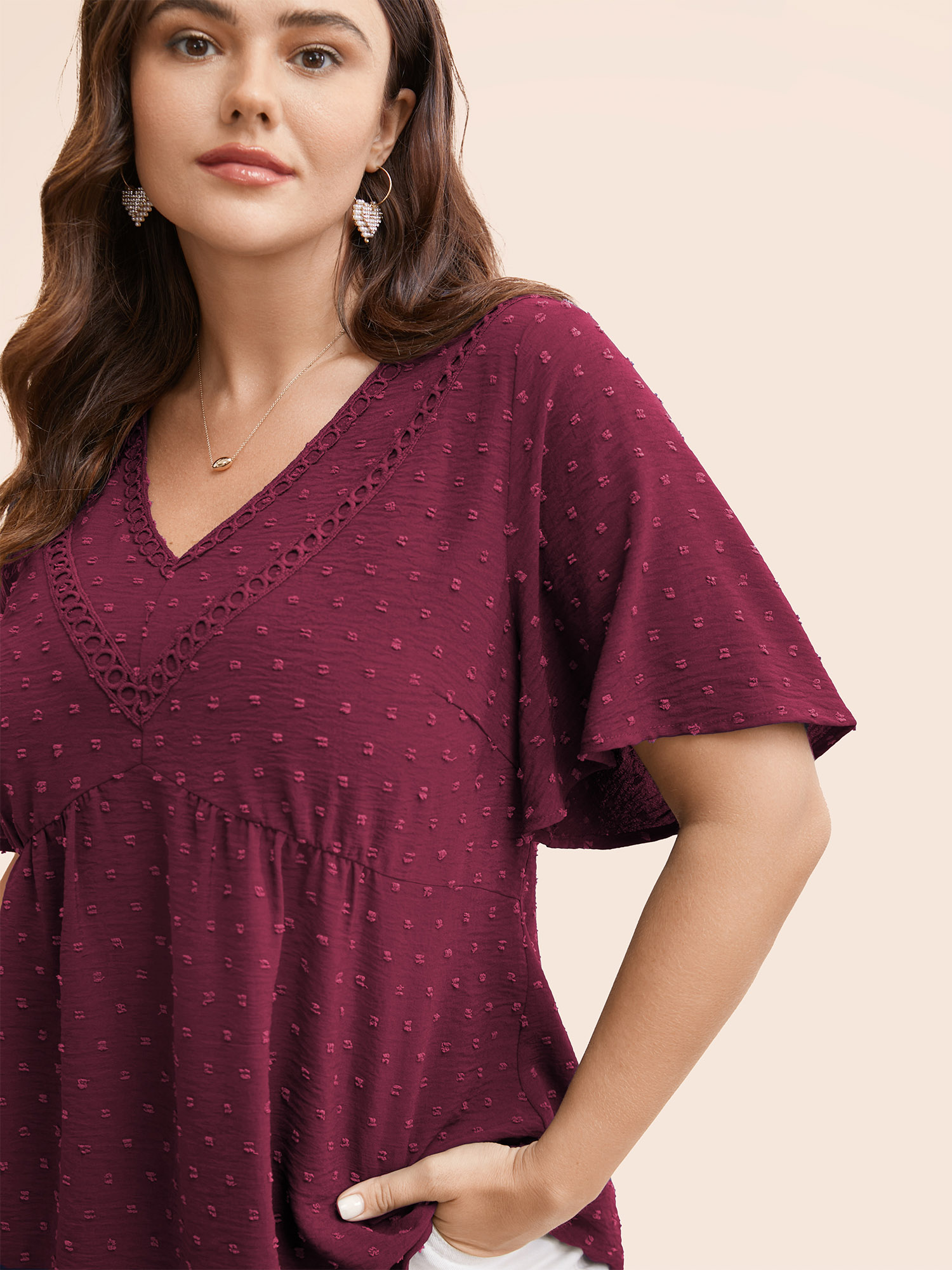 

Plus Size Burgundy Polka Dot Frill Trim V Neck Flutter Blouse Women Elegant Short sleeve V-neck Work Blouses BloomChic