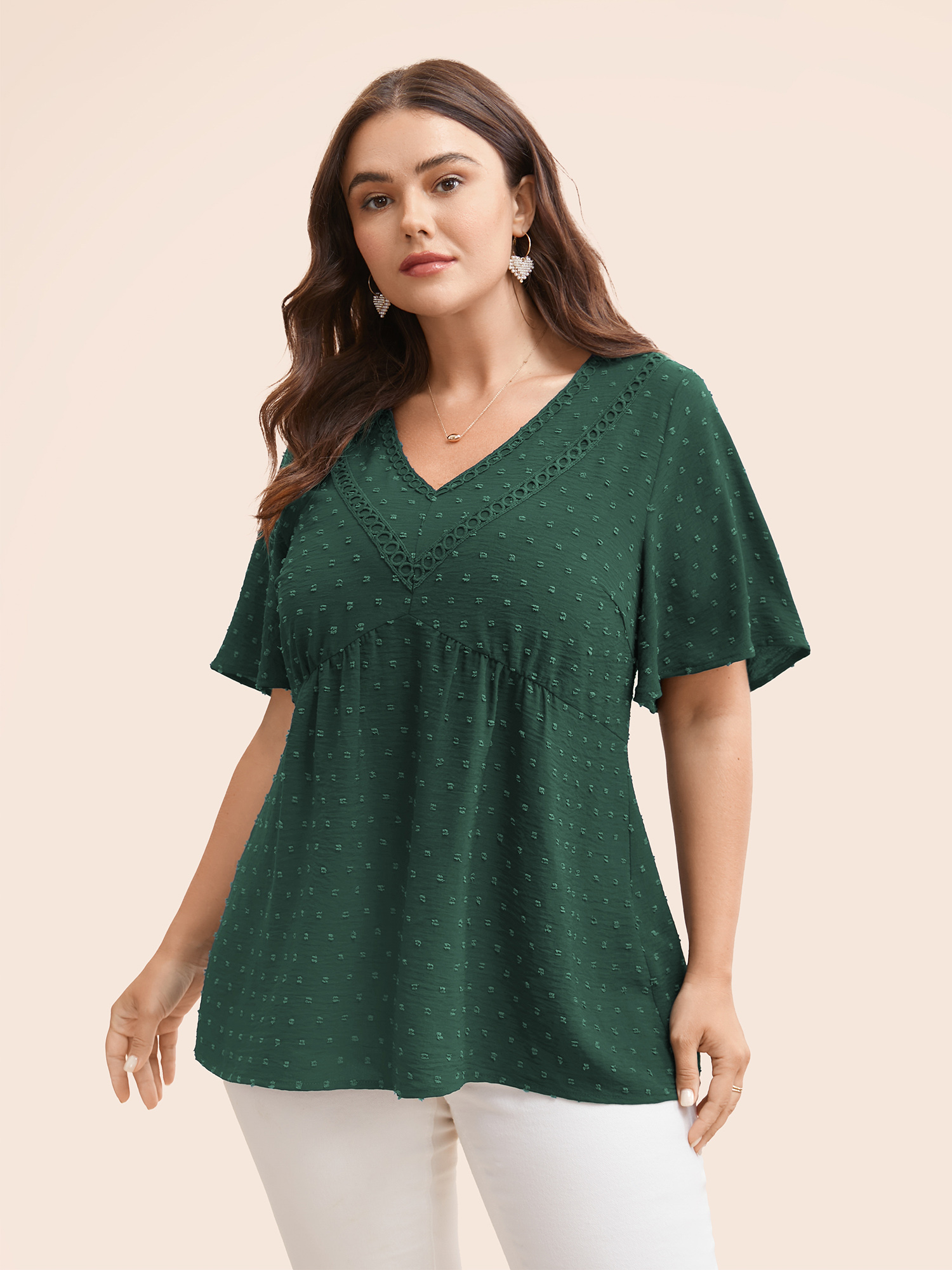 

Plus Size DarkGreen Polka Dot Frill Trim V Neck Flutter Blouse Women Elegant Short sleeve V-neck Work Blouses BloomChic