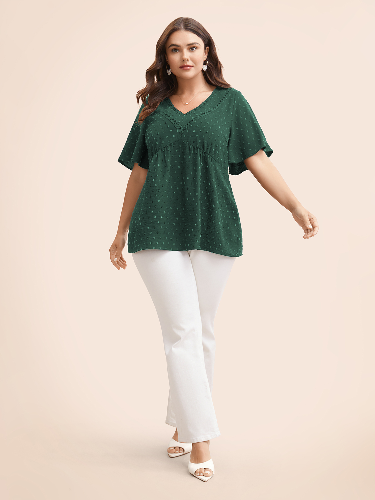 

Plus Size DarkGreen Polka Dot Frill Trim V Neck Flutter Blouse Women Elegant Short sleeve V-neck Work Blouses BloomChic