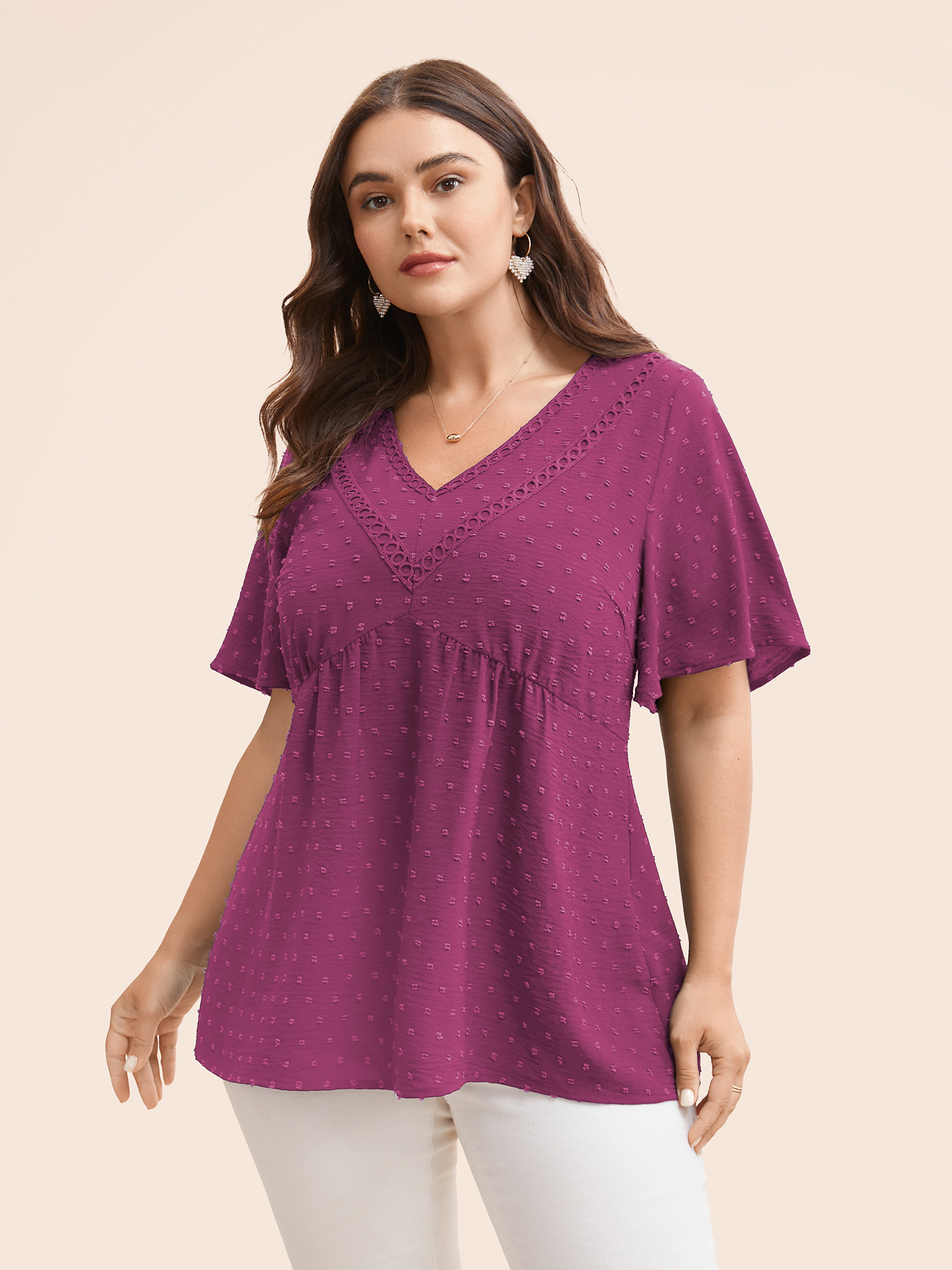 

Plus Size Purple Polka Dot Frill Trim V Neck Flutter Blouse Women Elegant Short sleeve V-neck Work Blouses BloomChic