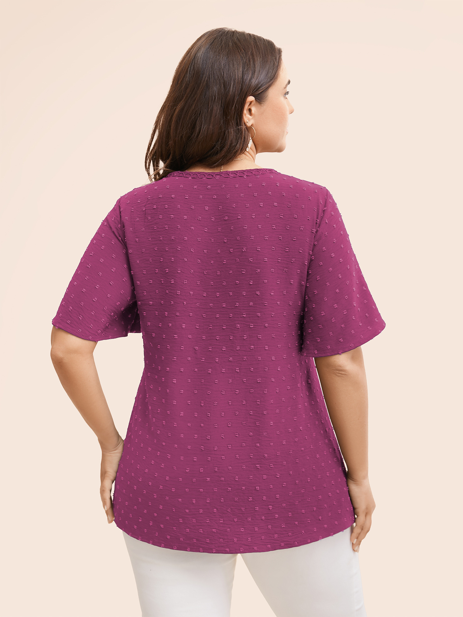 

Plus Size Purple Polka Dot Frill Trim V Neck Flutter Blouse Women Elegant Short sleeve V-neck Work Blouses BloomChic