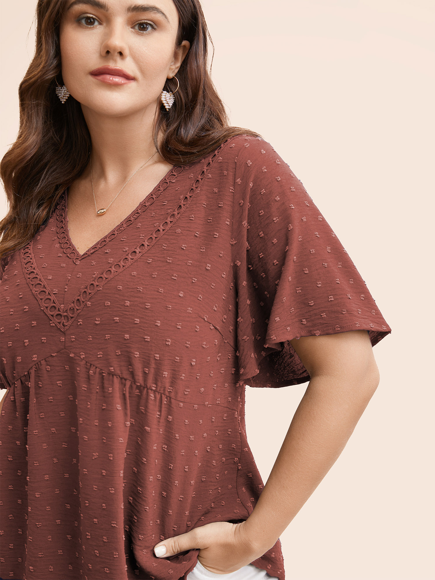 

Plus Size Chocolate Polka Dot Frill Trim V Neck Flutter Blouse Women Elegant Short sleeve V-neck Work Blouses BloomChic