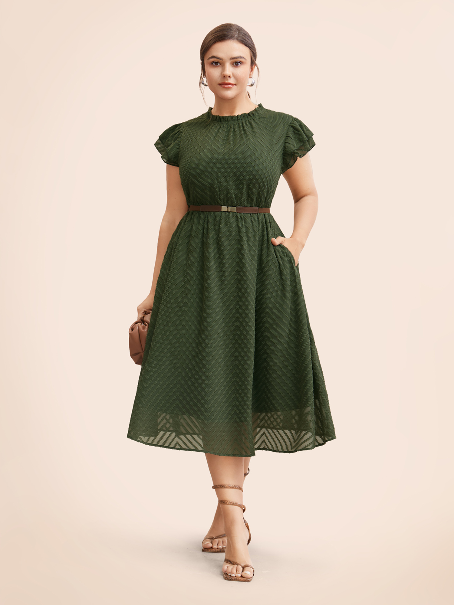 

Plus Size Plain Geometric Layered Sleeve Pocket Ruffle Mock Neck Dress ArmyGreen Women Office See through Mock Neck Cap Sleeve Curvy Midi Dress BloomChic