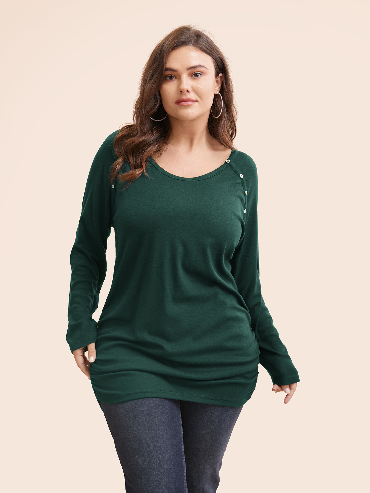 

Plus Size Plain Gathered Button Detail T-shirt DarkGreen Women Casual Gathered Plain Round Neck Dailywear T-shirts BloomChic