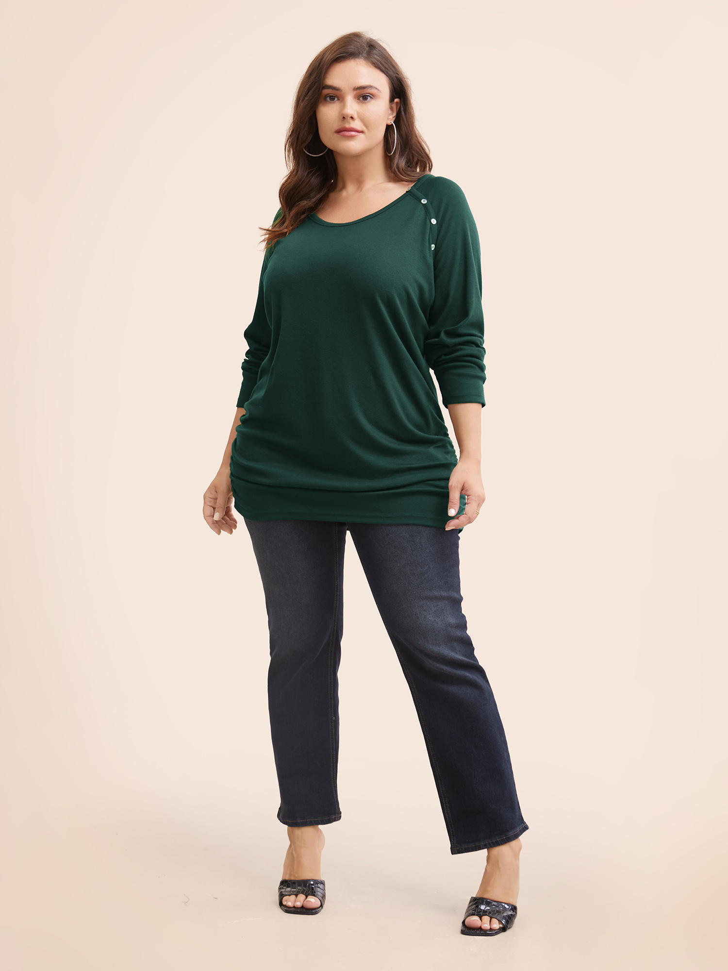 

Plus Size Plain Gathered Button Detail T-shirt DarkGreen Women Casual Gathered Plain Round Neck Dailywear T-shirts BloomChic