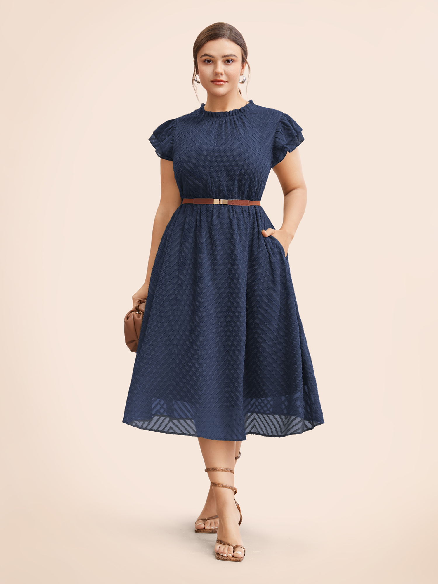 

Plus Size Plain Geometric Layered Sleeve Pocket Ruffle Mock Neck Dress Navy Women Office See through Mock Neck Cap Sleeve Curvy Midi Dress BloomChic