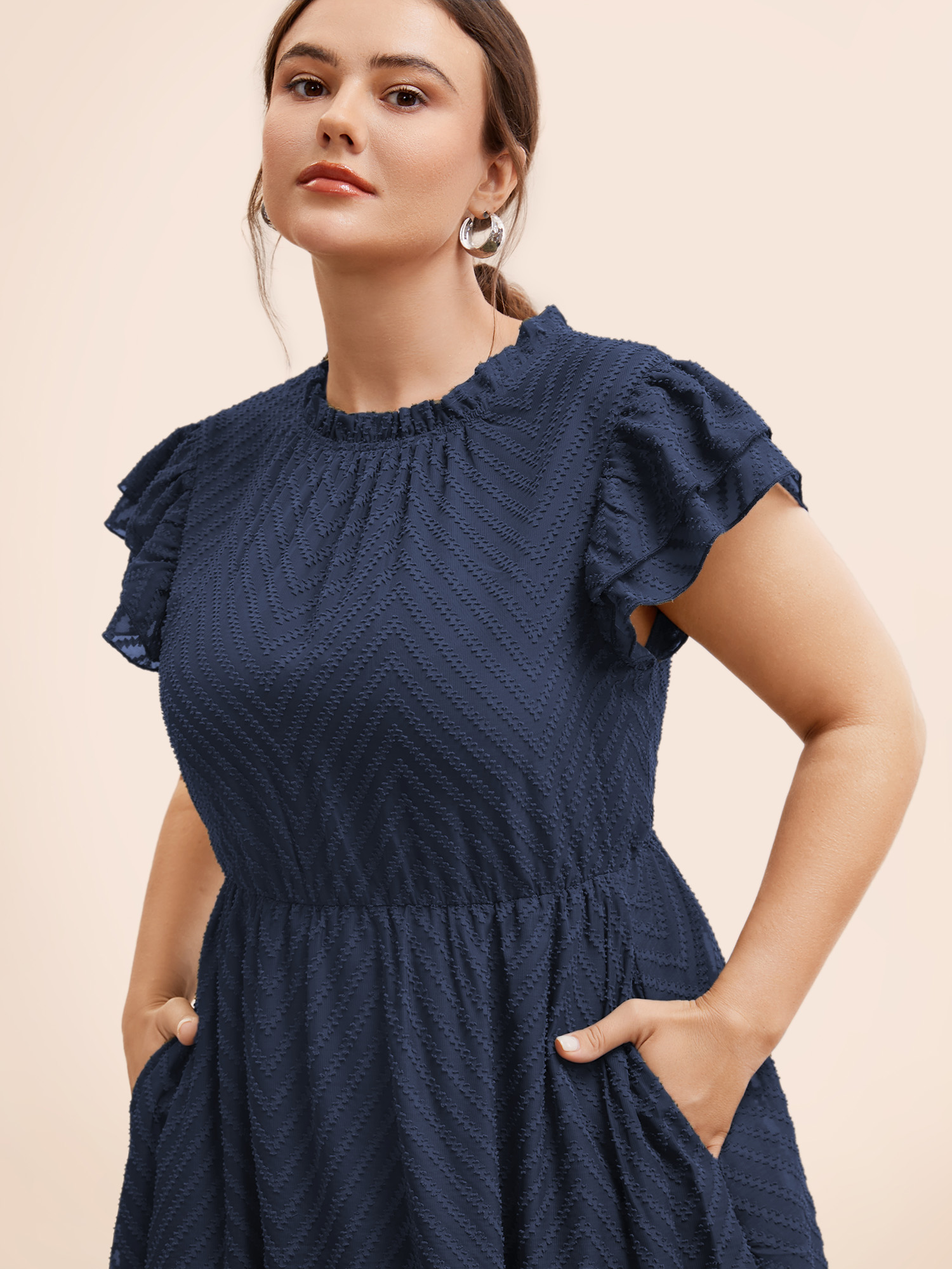 Plus Size Plain Geometric Layered Sleeve Pocket Ruffle Mock Neck Dress Navy Women Office See through Round Neck Cap Sleeve Curvy Midi Dress BloomChic 14-16/1X 