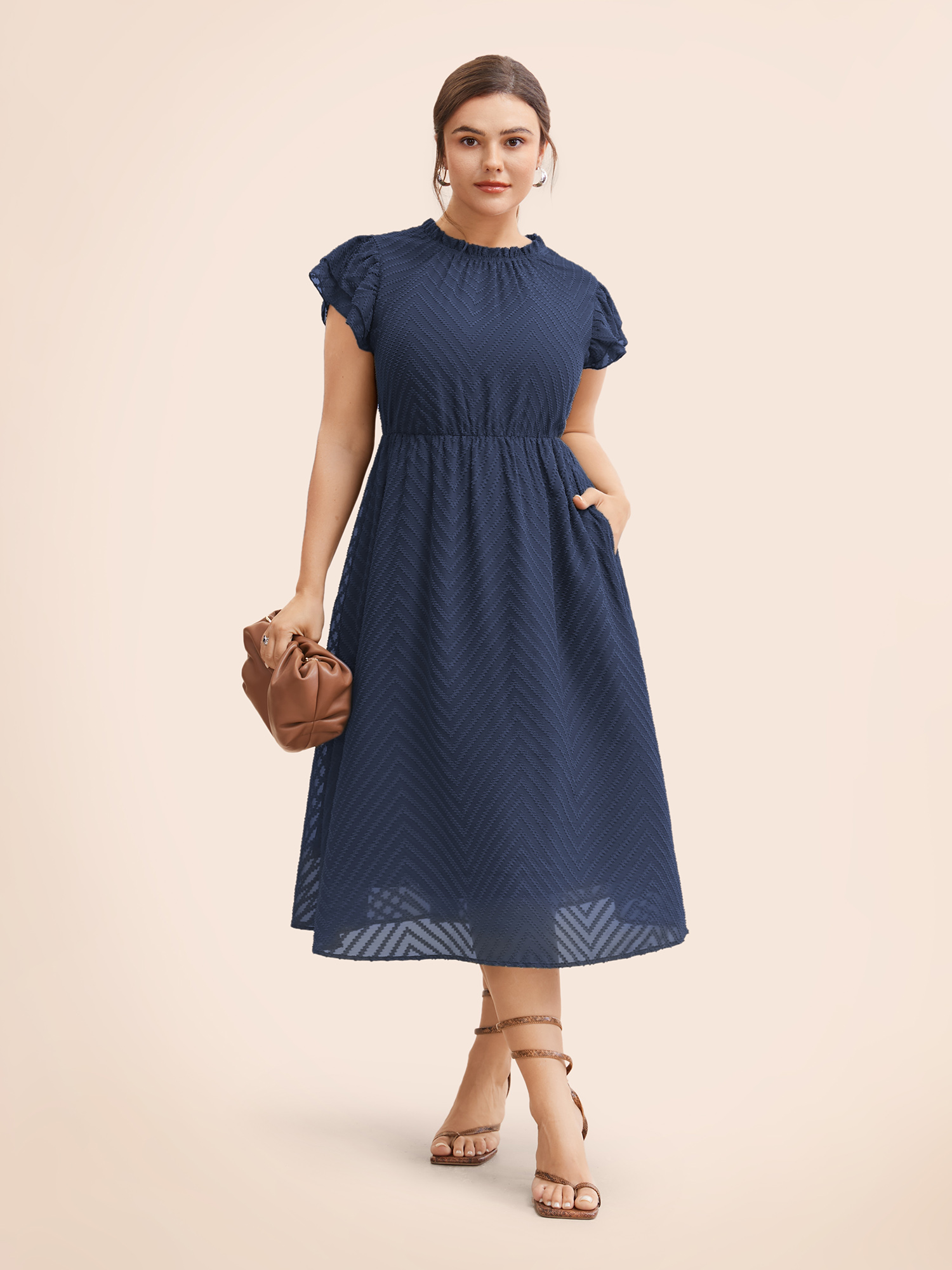 

Plus Size Plain Geometric Layered Sleeve Pocket Ruffle Mock Neck Dress Navy Women Office See through Round Neck Cap Sleeve Curvy Midi Dress BloomChic