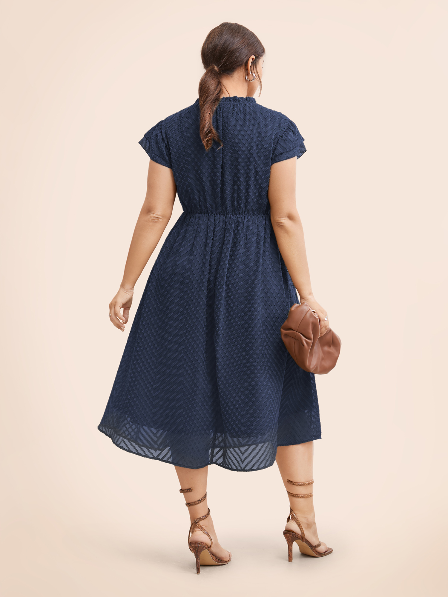 Plus Size Plain Geometric Layered Sleeve Pocket Ruffle Mock Neck Dress Navy Women Office See through Round Neck Cap Sleeve Curvy Midi Dress BloomChic 14-16/1X 