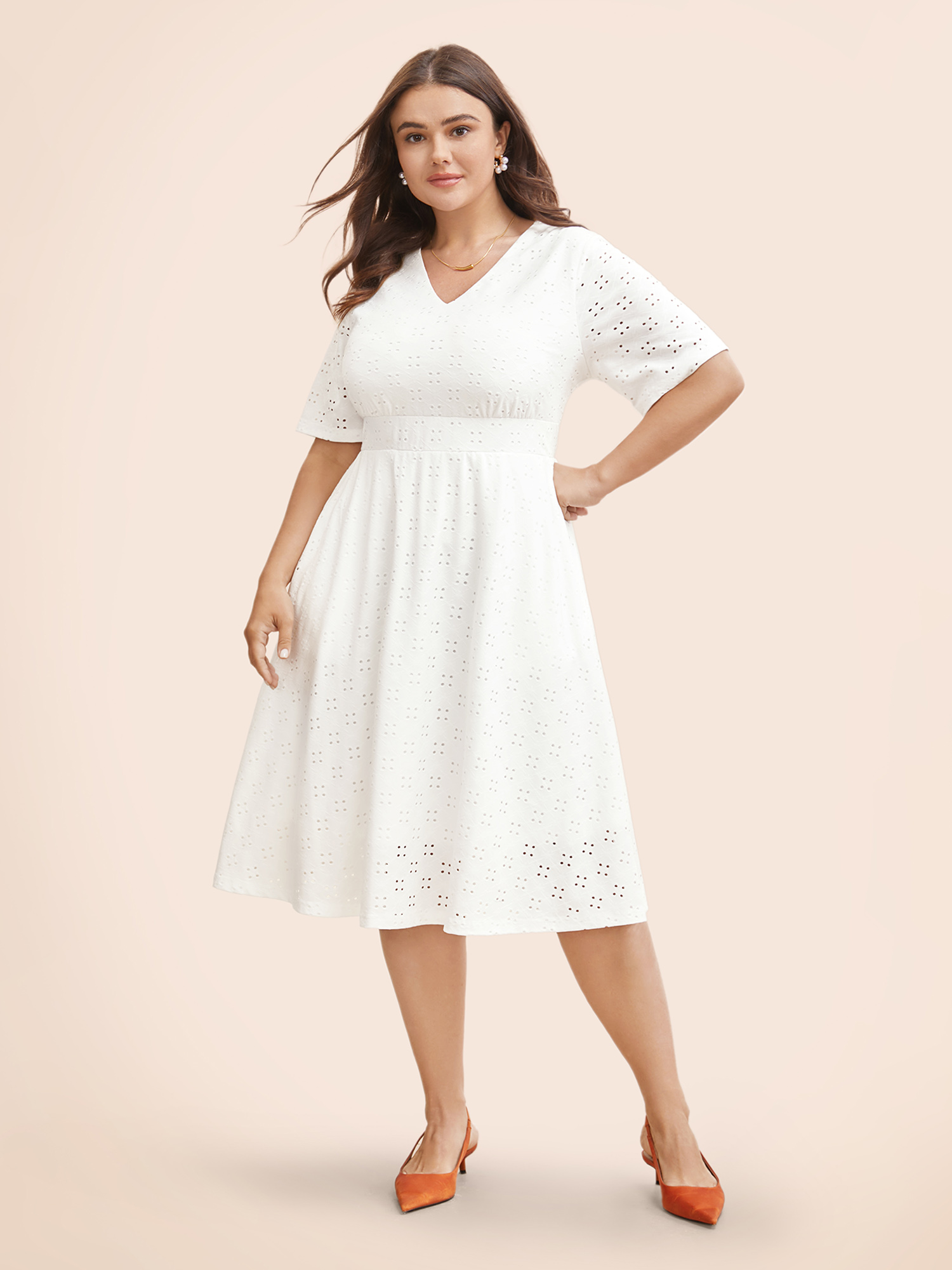 

Plus Size Solid Pocket Laser Cut Surplice Neck Knee Dress Ivory Women Elegant Pocket V-neck Short sleeve Curvy Knee Dress BloomChic