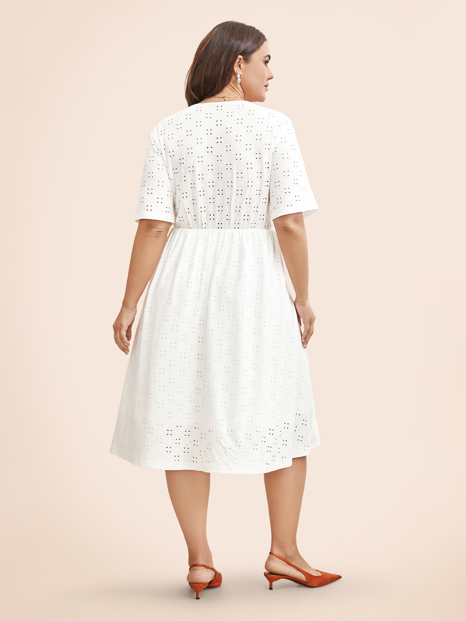 

Plus Size Solid Pocket Laser Cut Surplice Neck Knee Dress Ivory Women Elegant Pocket V-neck Short sleeve Curvy Knee Dress BloomChic