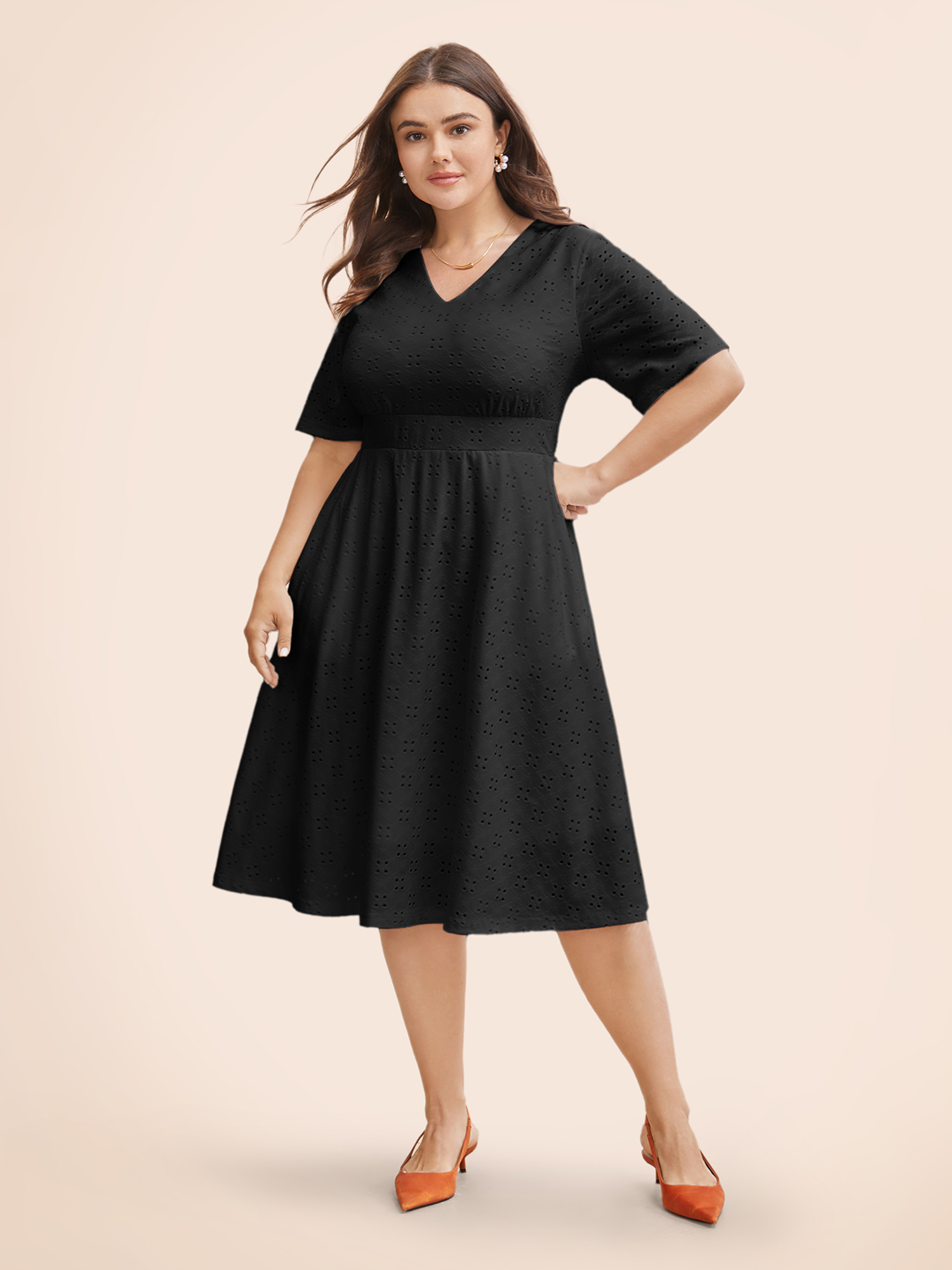 

Plus Size Solid Pocket Laser Cut Surplice Neck Knee Dress Black Women Elegant Pocket V-neck Short sleeve Curvy Knee Dress BloomChic