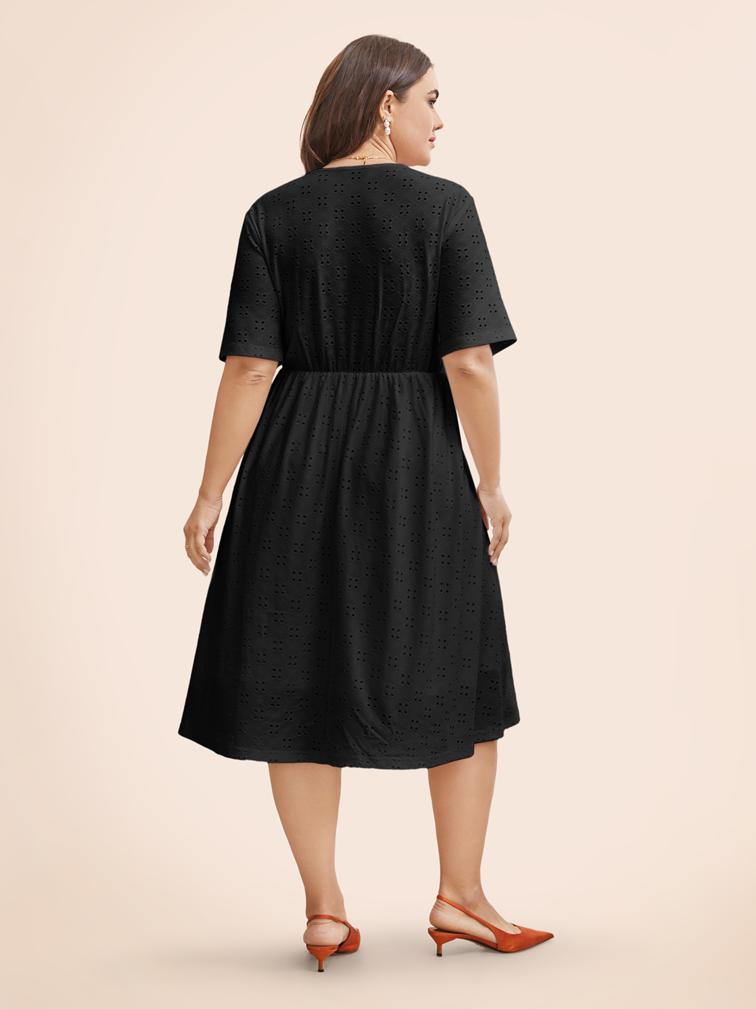 

Plus Size Solid Pocket Laser Cut Surplice Neck Knee Dress Black Women Elegant Pocket V-neck Short sleeve Curvy Knee Dress BloomChic