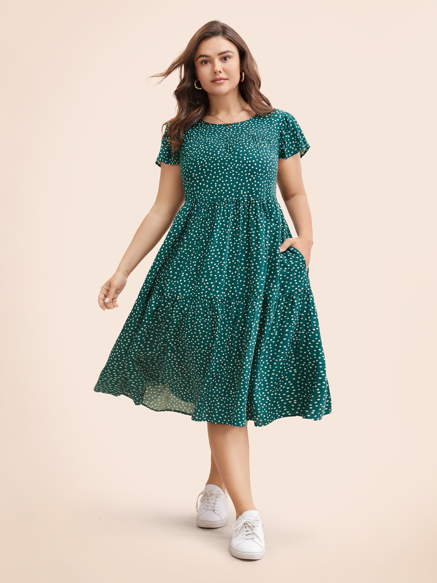 

Plus Size Polka Dot Pocket Cap Sleeve Gathered Layered Dress Cyan Women Casual Gathered Round Neck Cap Sleeve Curvy Midi Dress BloomChic