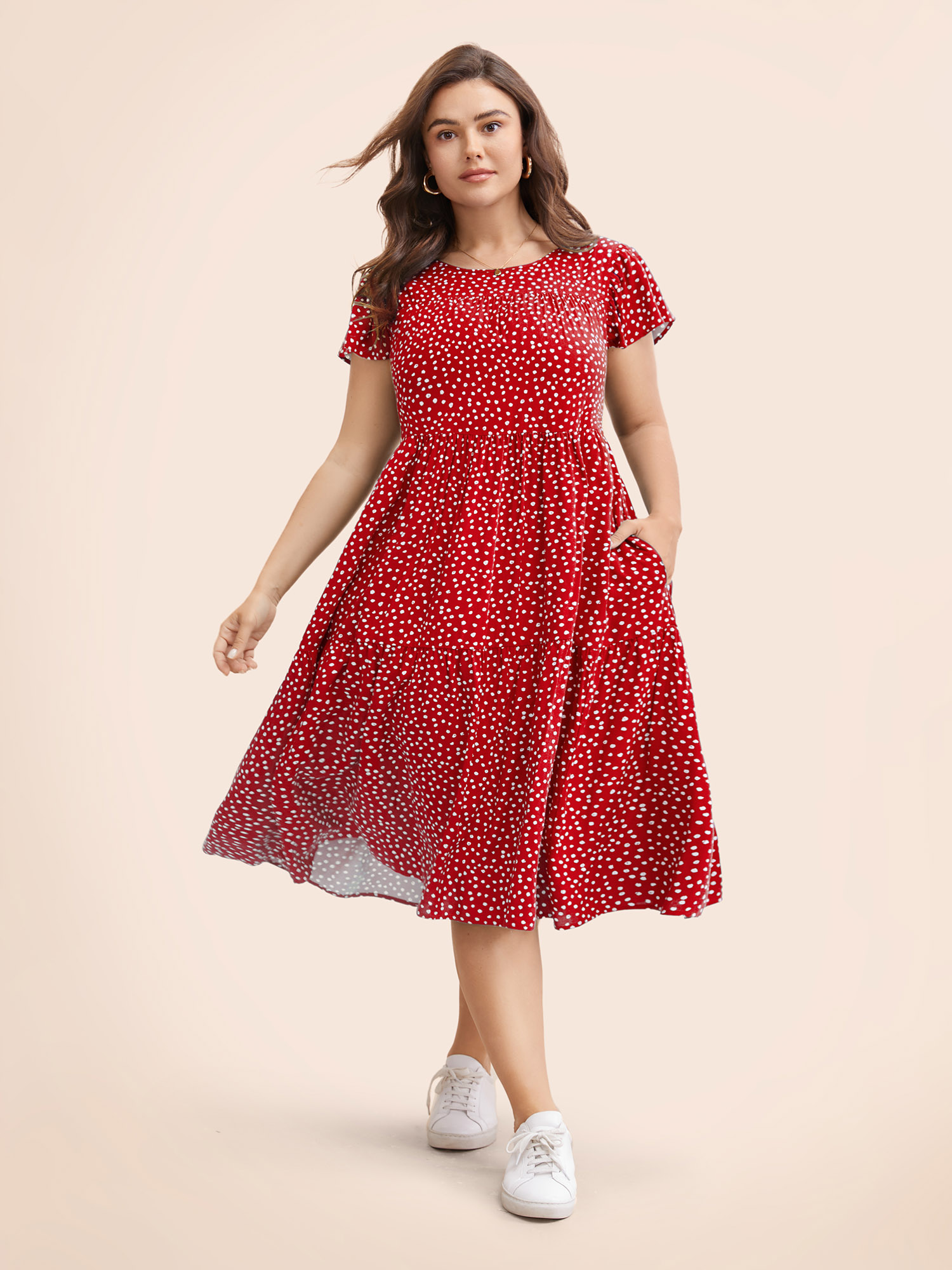 

Plus Size Polka Dot Pocket Cap Sleeve Gathered Layered Dress Scarlet Women Casual Gathered Round Neck Cap Sleeve Curvy Midi Dress BloomChic