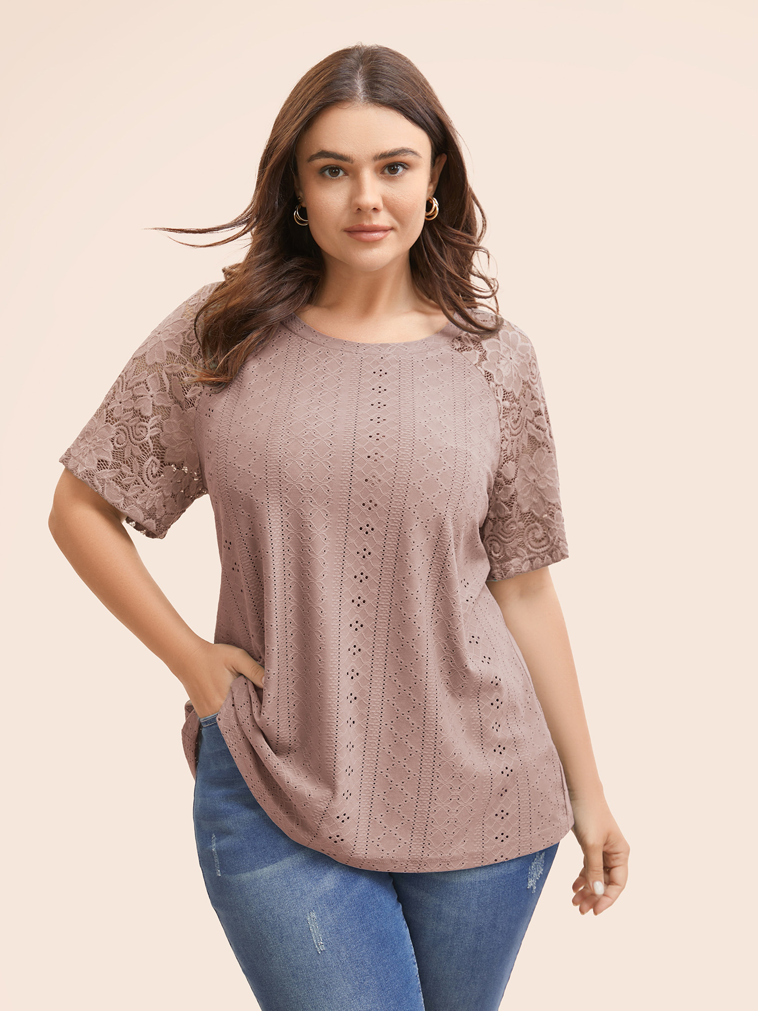 

Plus Size Solid Broderie Anglaise Lace Raglan Sleeve T-shirt Rouge Women Elegant See through Plain Round Neck Everyday T-shirts BloomChic