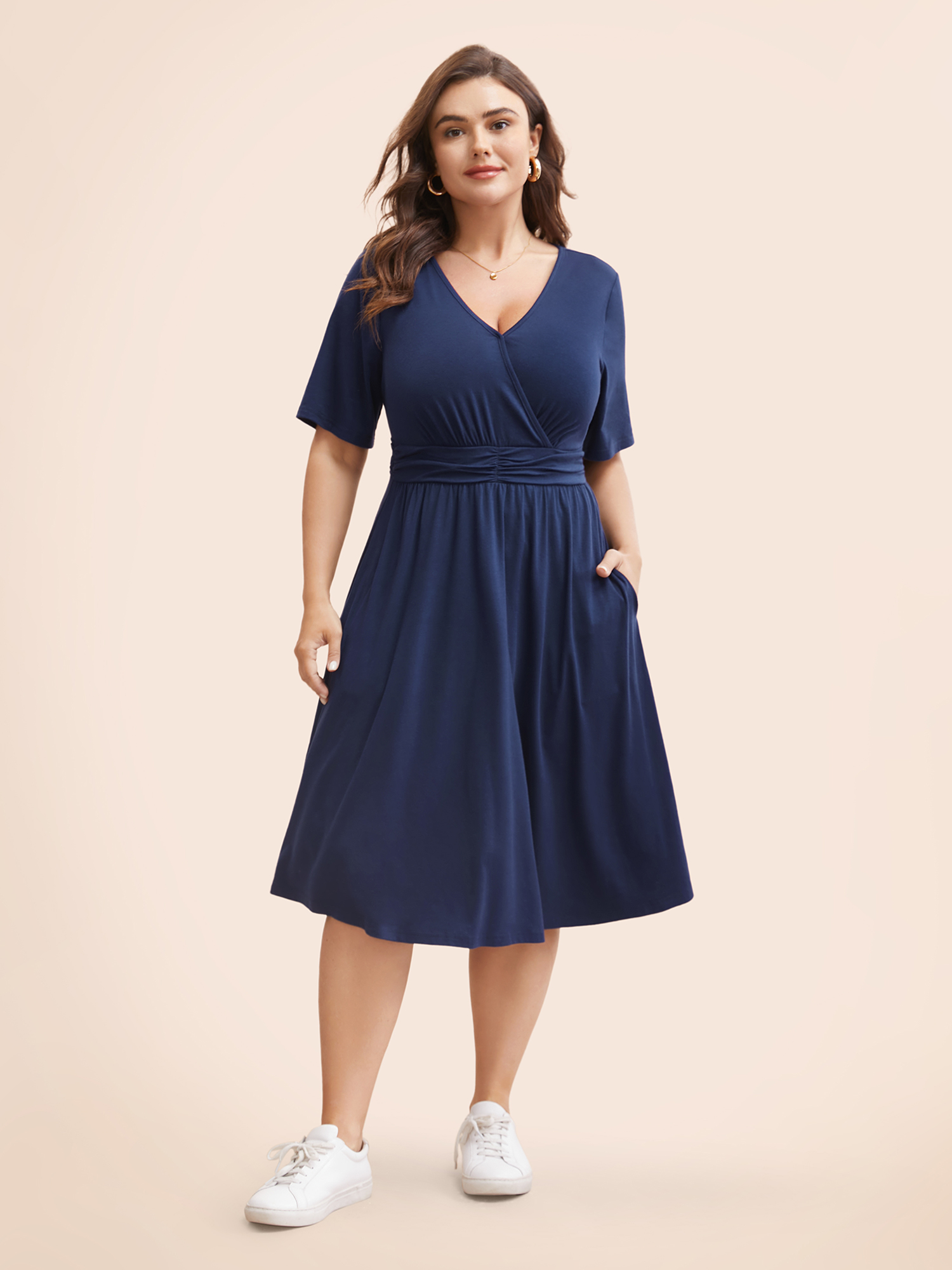 

Plus Size Supersoft Essentials Solid Surplice Neck Ruched Front Dress Navy Women Casual Wrap V-neck Short sleeve Curvy Midi Dress BloomChic