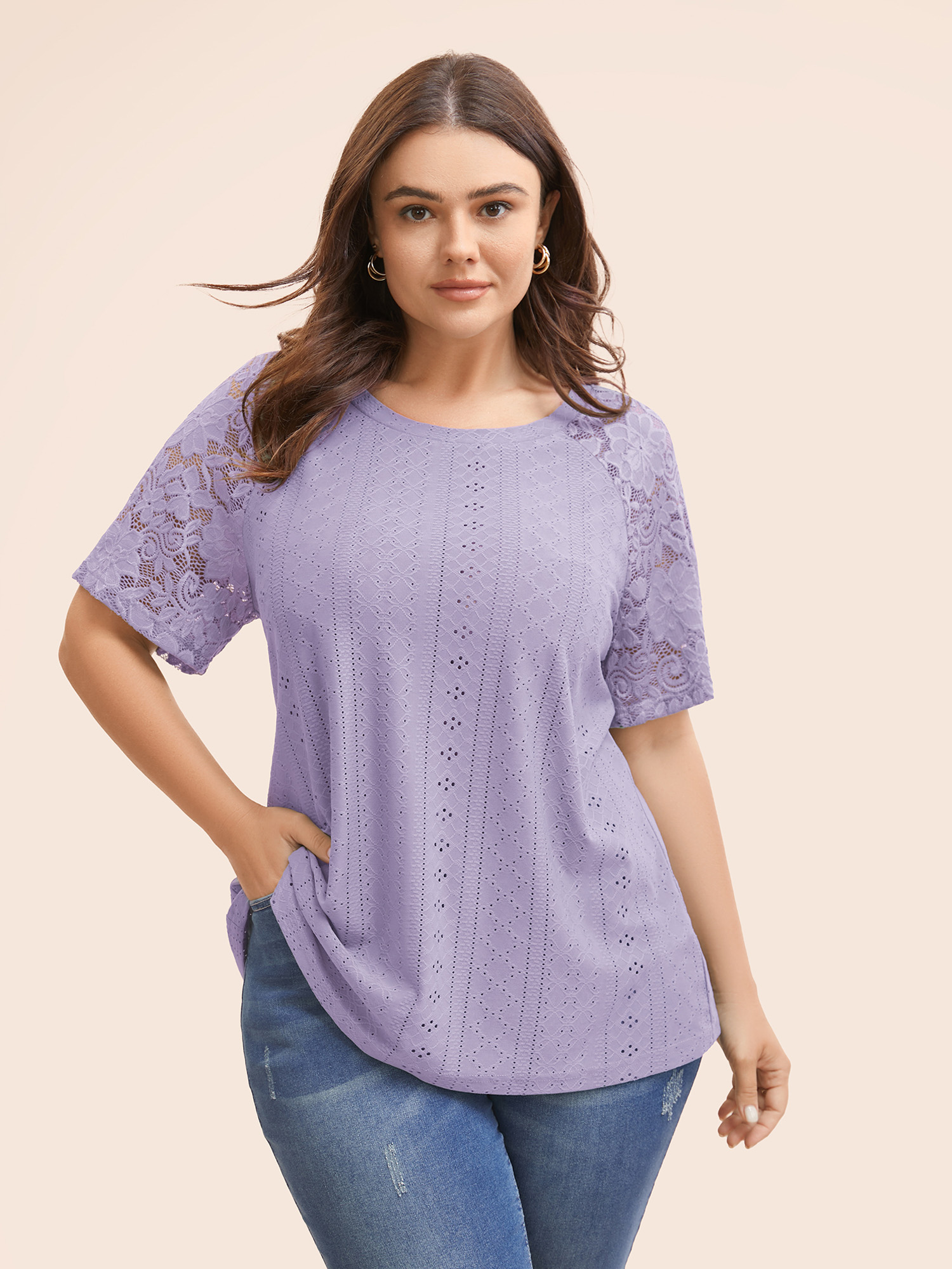 

Plus Size Solid Broderie Anglaise Lace Raglan Sleeve T-shirt Lilac Women Elegant See through Plain Round Neck Everyday T-shirts BloomChic