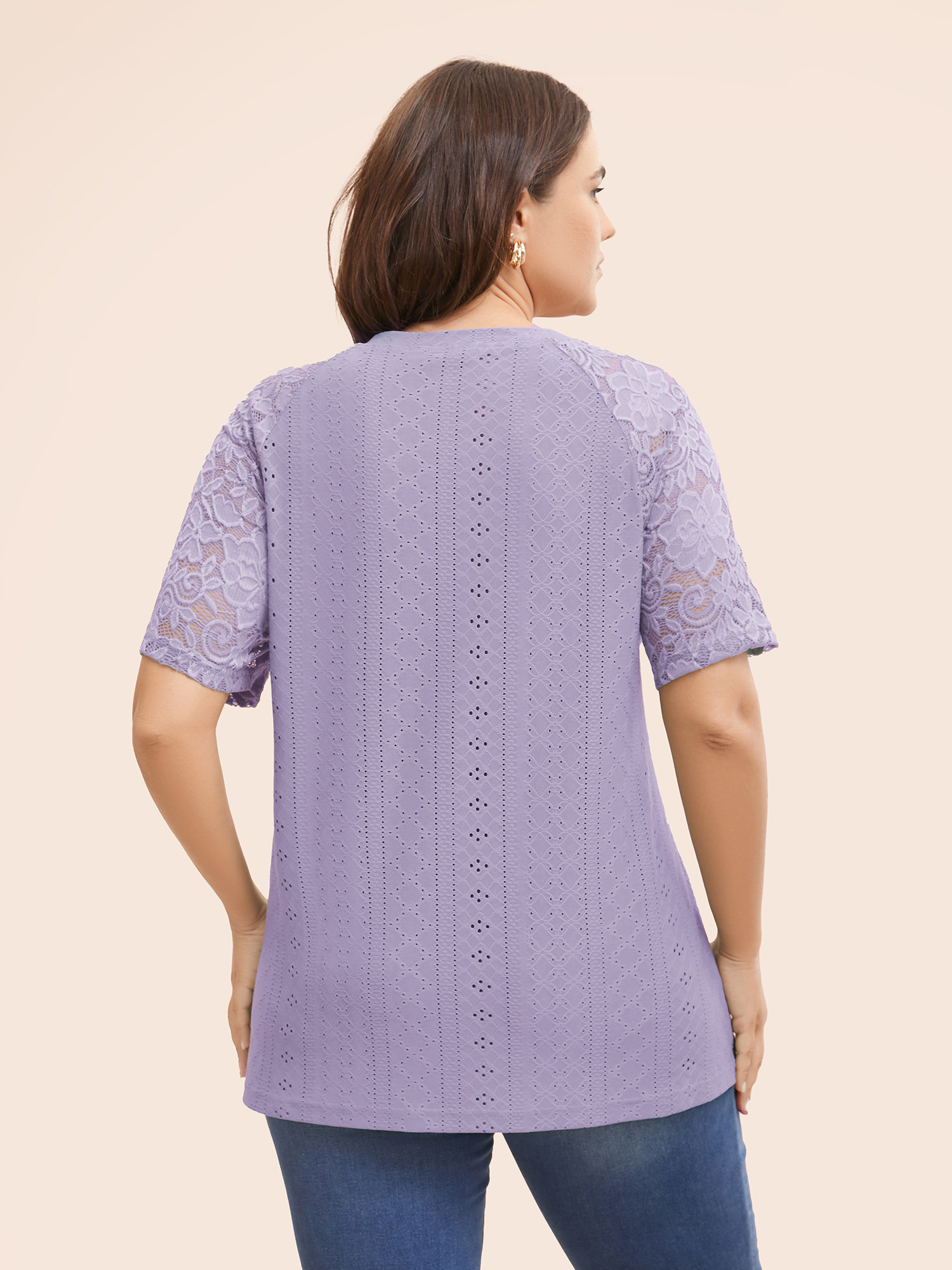 

Plus Size Solid Broderie Anglaise Lace Raglan Sleeve T-shirt Lilac Women Elegant See through Plain Round Neck Everyday T-shirts BloomChic